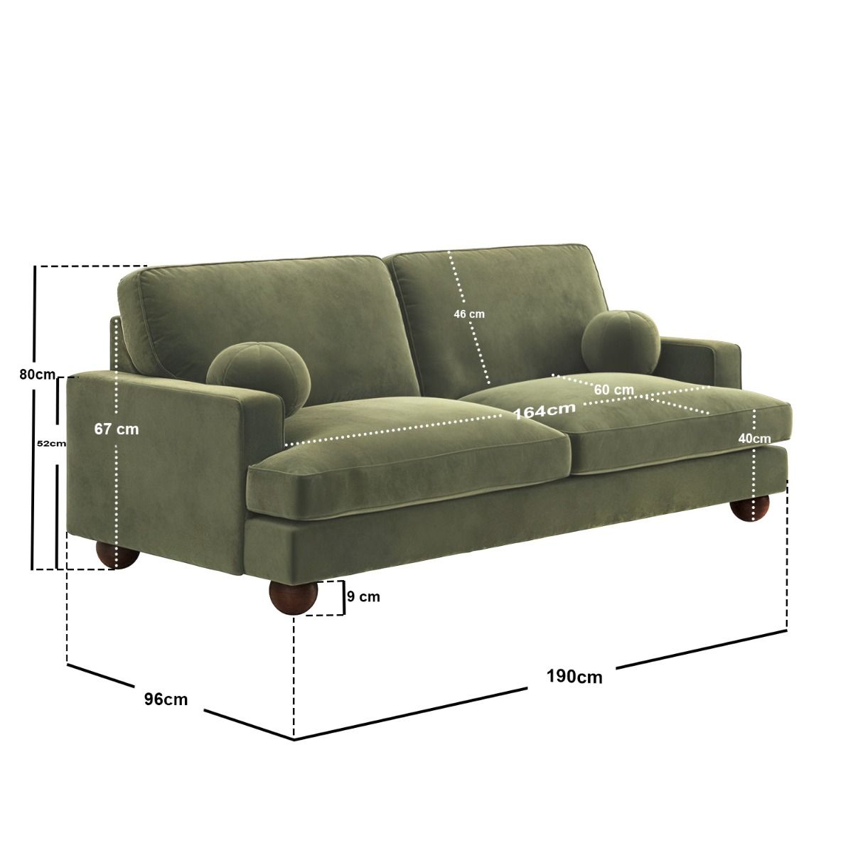 SOLACE+CO Addison 3 Seater Sofa with Caster Legs Khaki Green Velvet