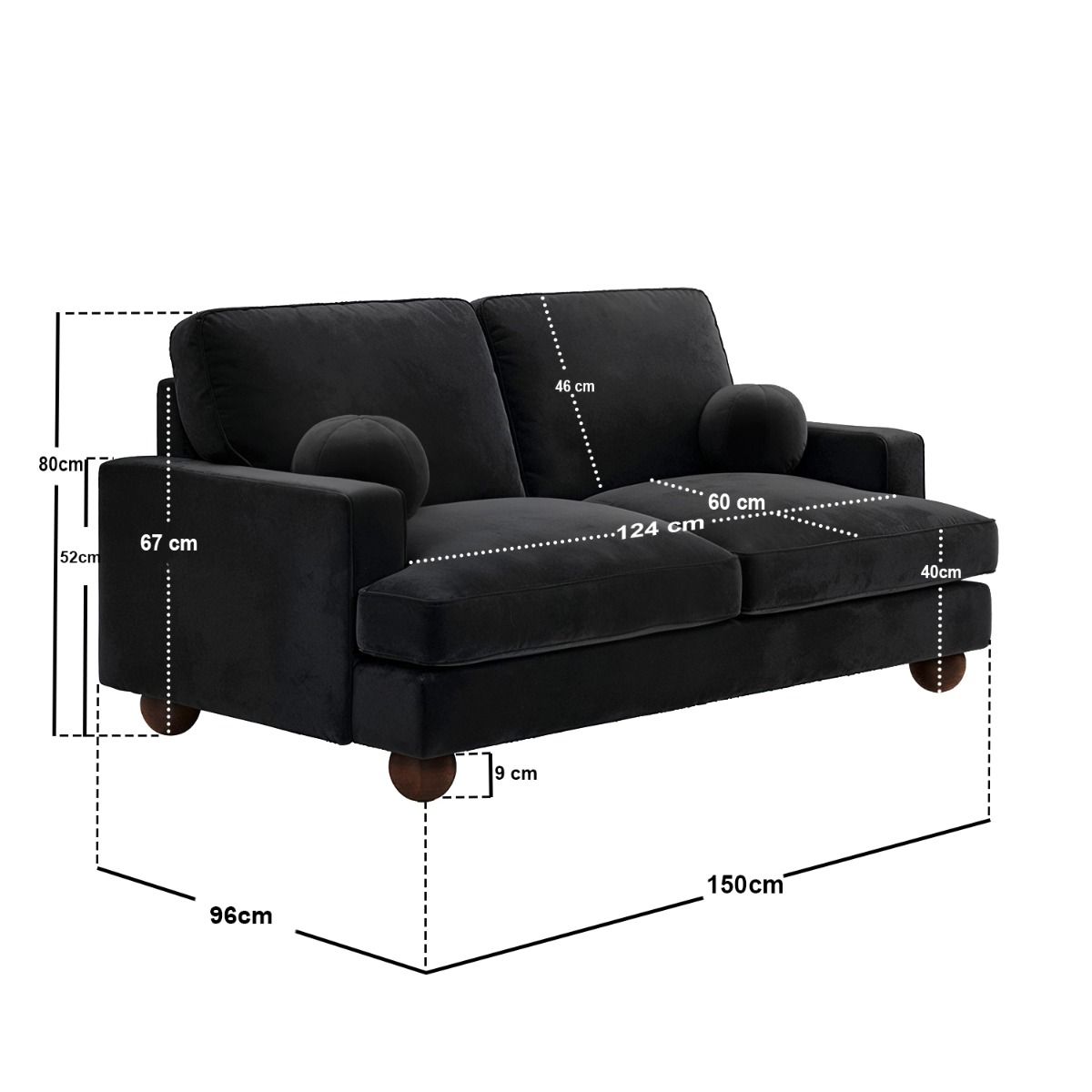 SOLACE+CO Addison 2 Seater Sofa with Caster Legs Black Velvet
