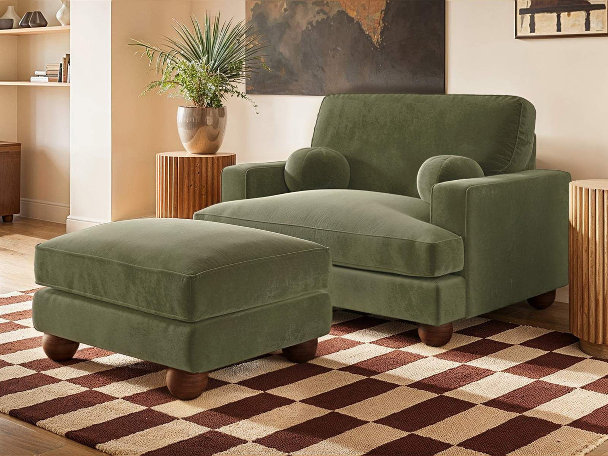 SOLACE+CO Addison Footstool Khaki Green Velvet