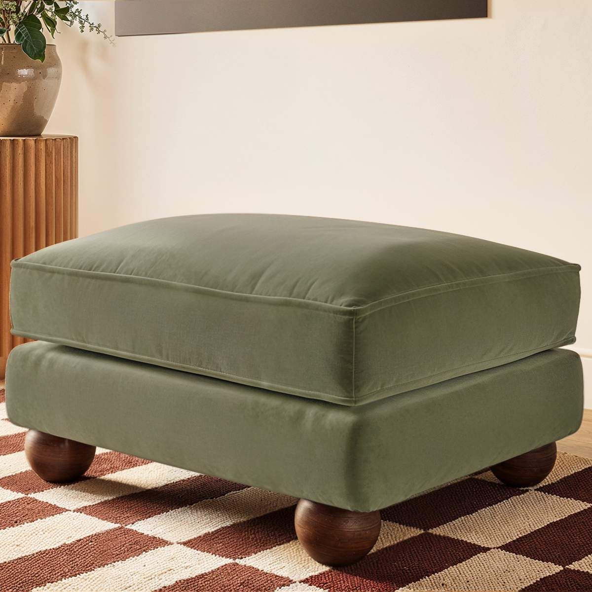 SOLACE+CO Addison Footstool Khaki Green Velvet