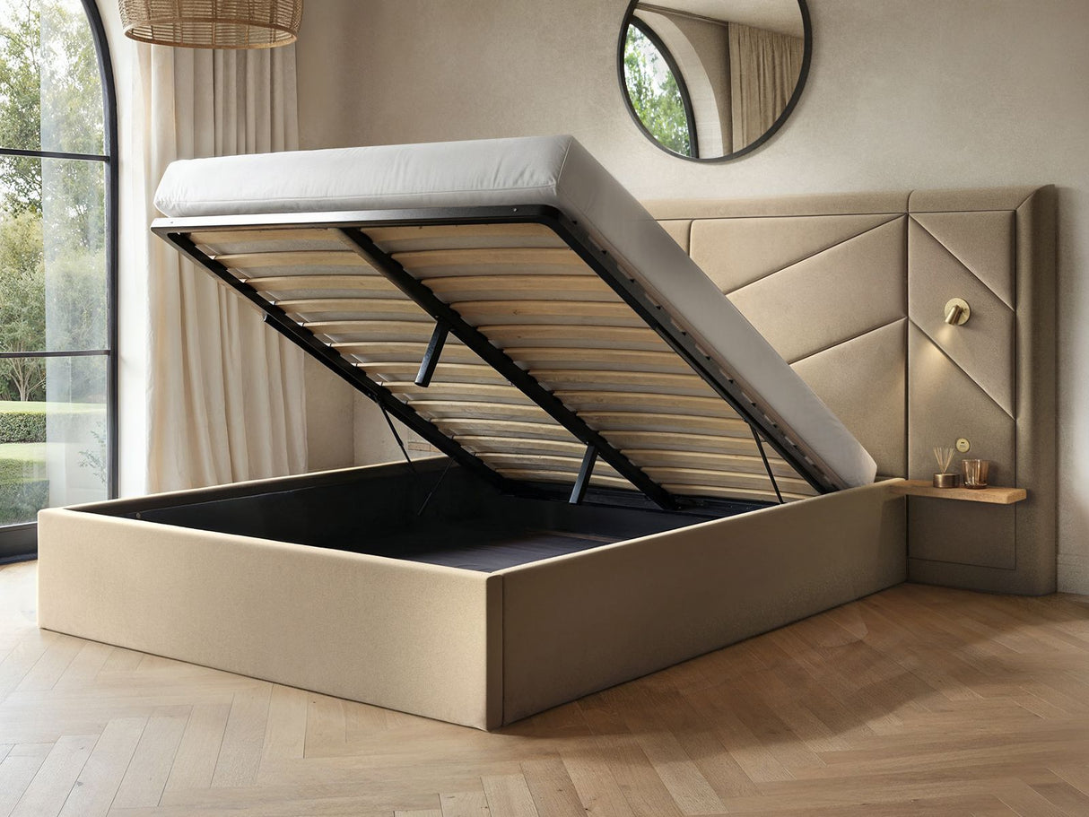 Flair Alice Hotel Ottoman Bed with USB Gold Lights Beige Velvet Double