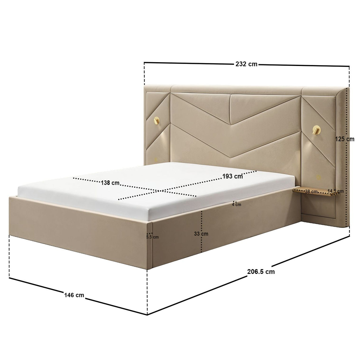 Flair Alice Hotel Ottoman Bed with USB Gold Lights Beige Velvet Double