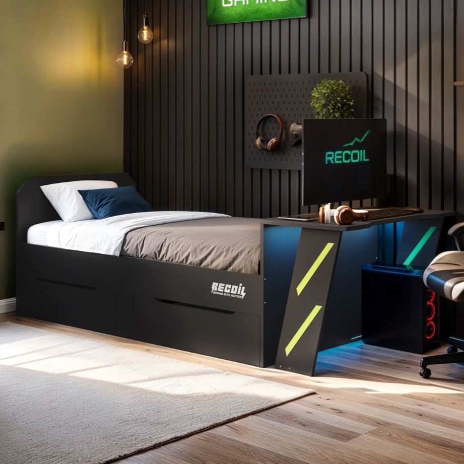 Recoil Alister Gaming Single Bed with Desk Charcoal & Green