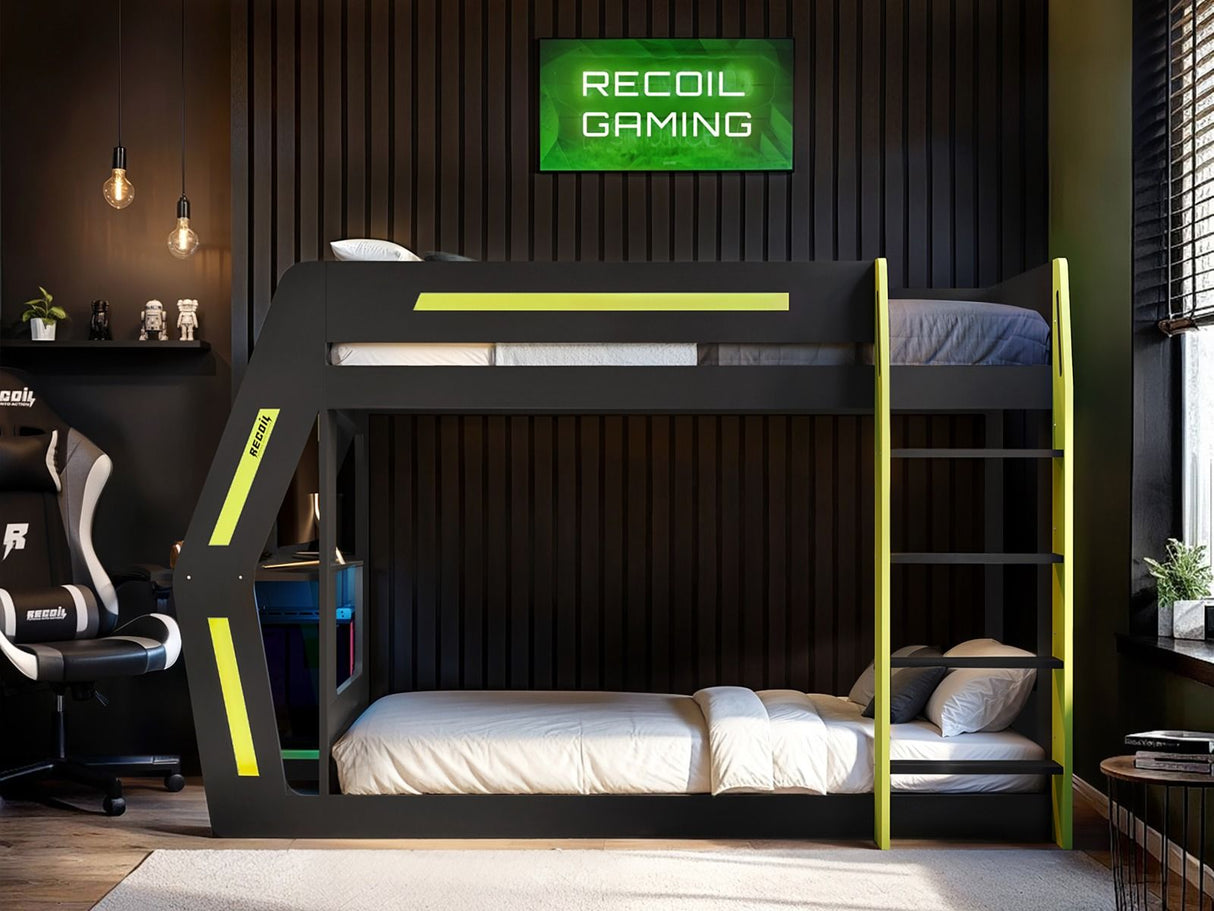 Recoil Alister Gaming Bunk Bed with Desk Charcoal & Green