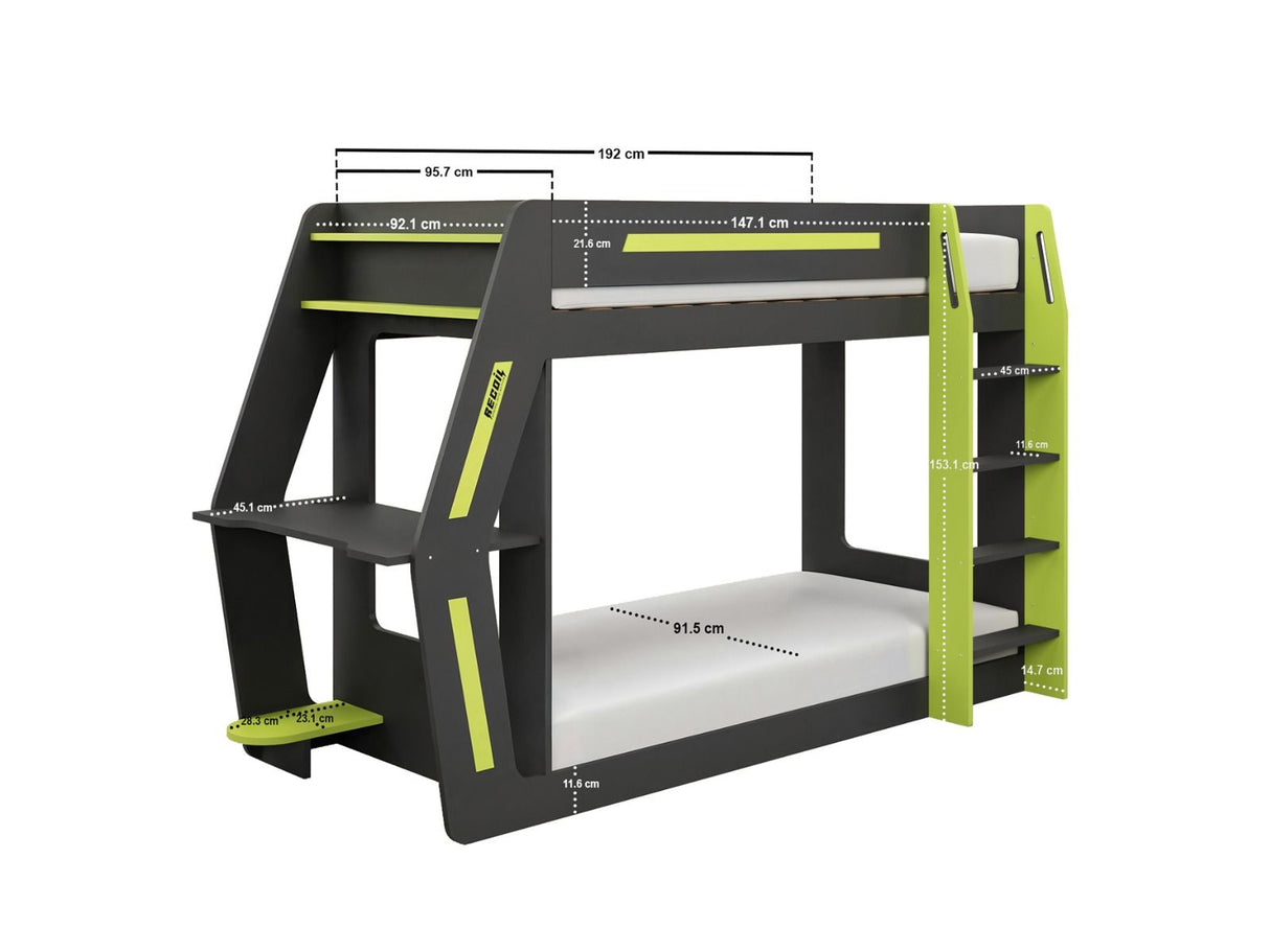 Recoil Alister Gaming Bunk Bed with Desk Charcoal & Green