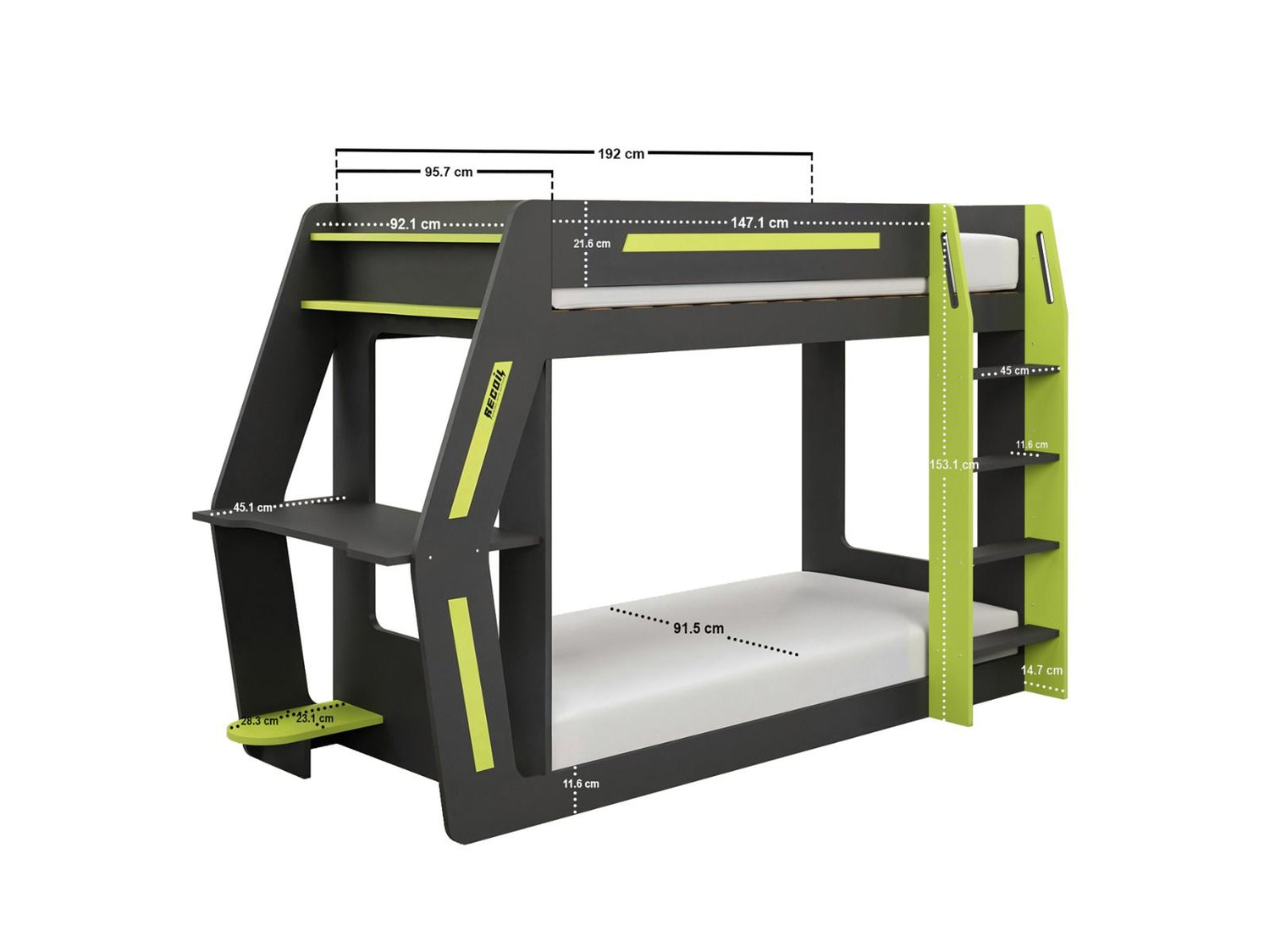 Recoil Alister Gaming Bunk Bed with Desk Charcoal & Green