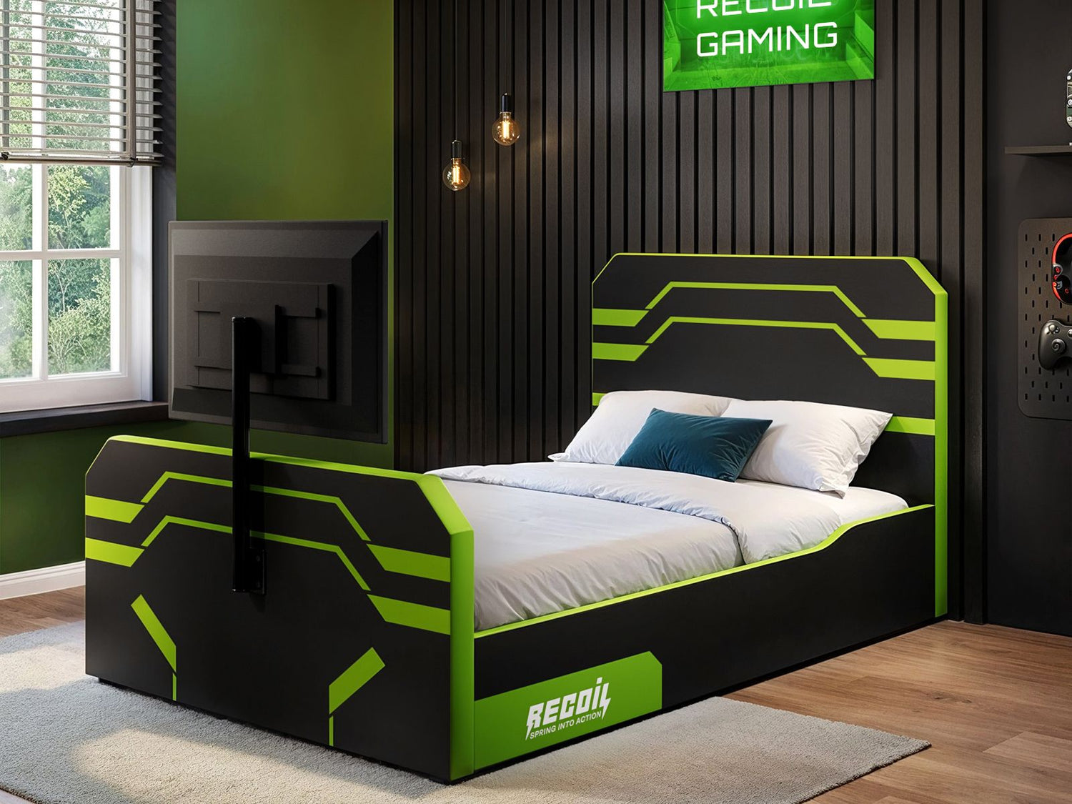 Recoil Alister Side Lift TV Ottoman Bed Black & Green Small Double