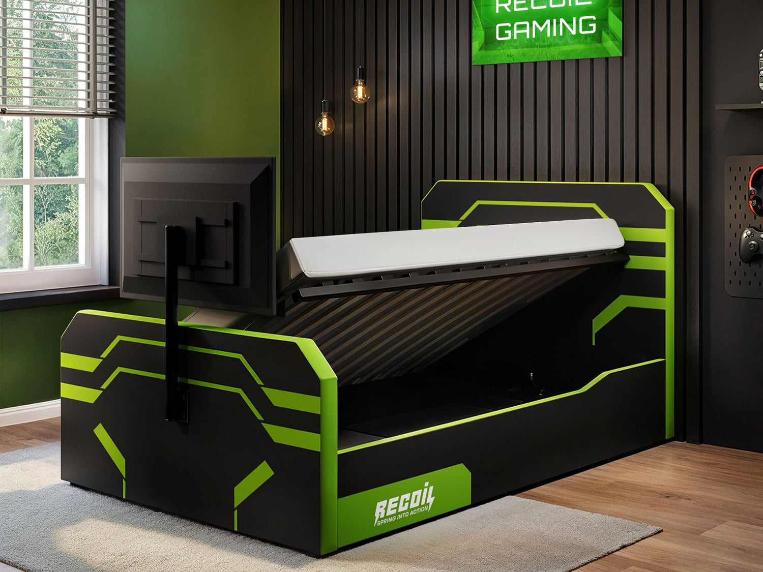 Recoil Alister Side Lift TV Ottoman Bed Black & Green Small Double