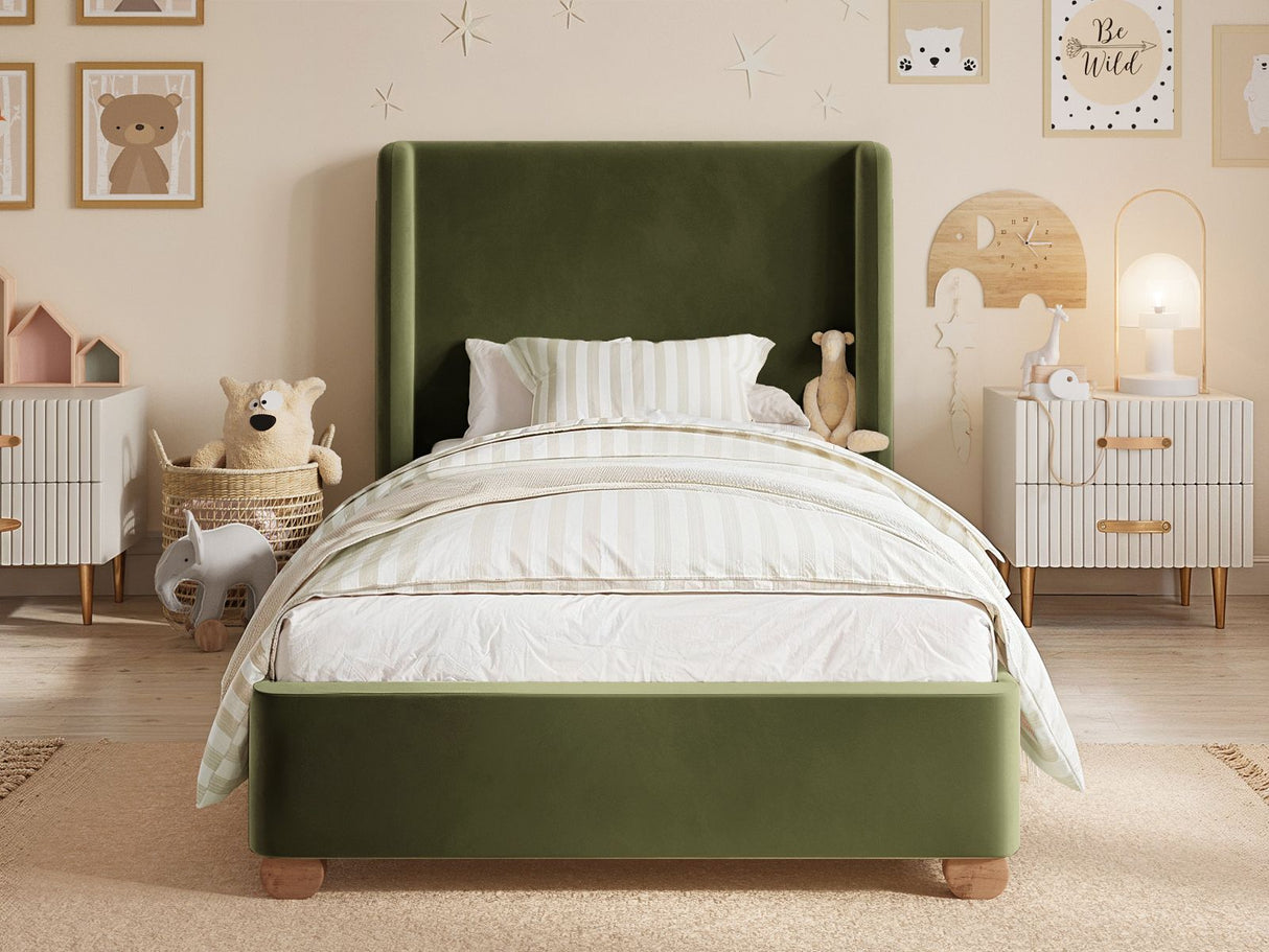 Flair Alma Single Winged Headboard Bed Olive Green Velvet