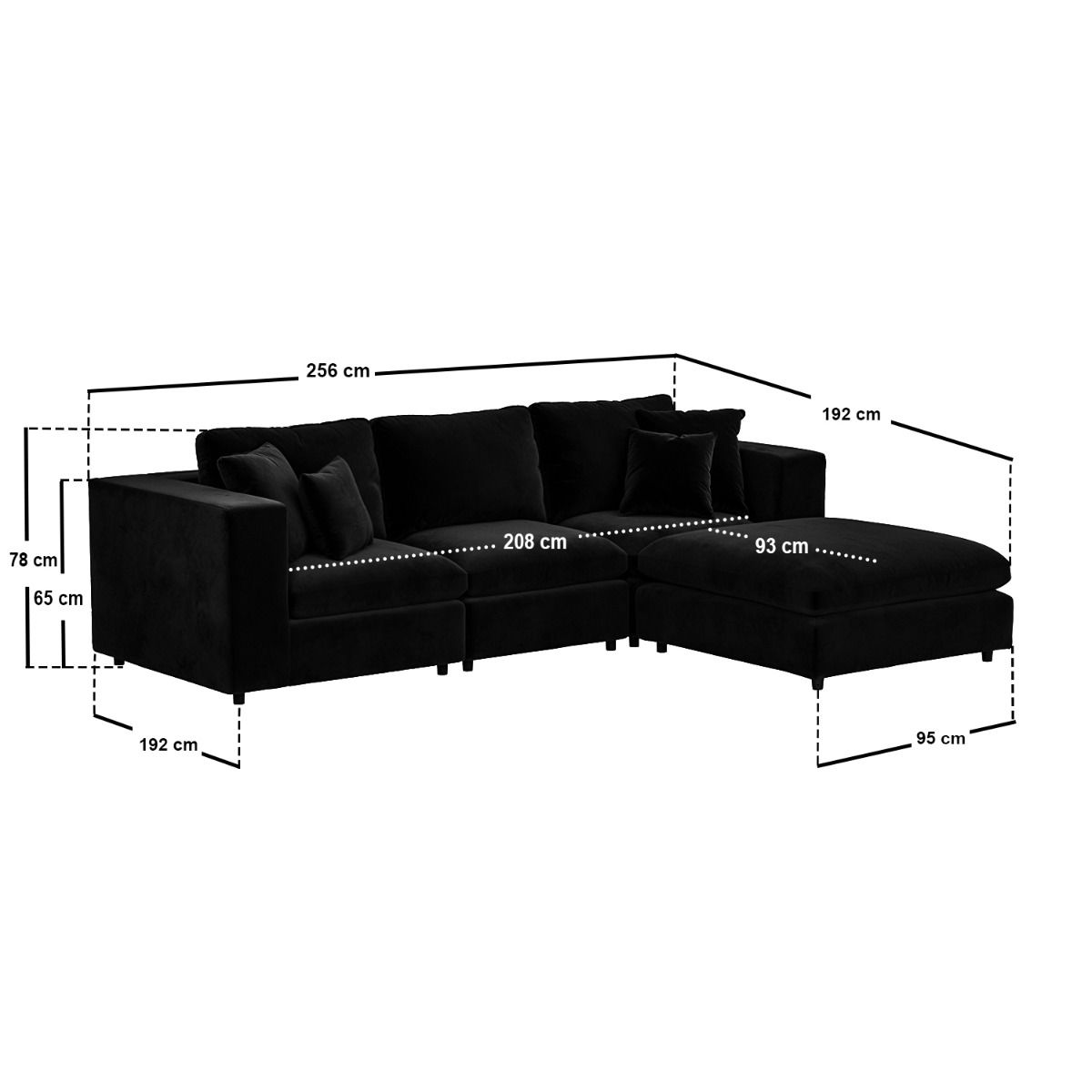 SOLACE+CO Asher 4 Seater Sofa with Reversible Footstool Black Velvet