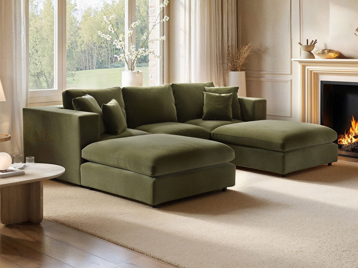 SOLACE+CO Asher U Shape Corner Sofa Bundle Khaki Green Velvet