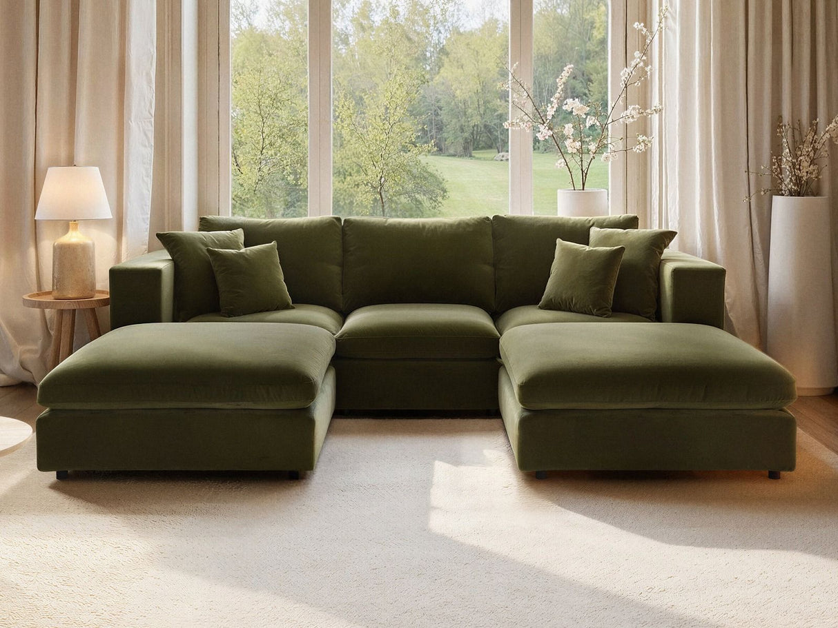 SOLACE+CO Asher U Shape Corner Sofa Bundle Khaki Green Velvet