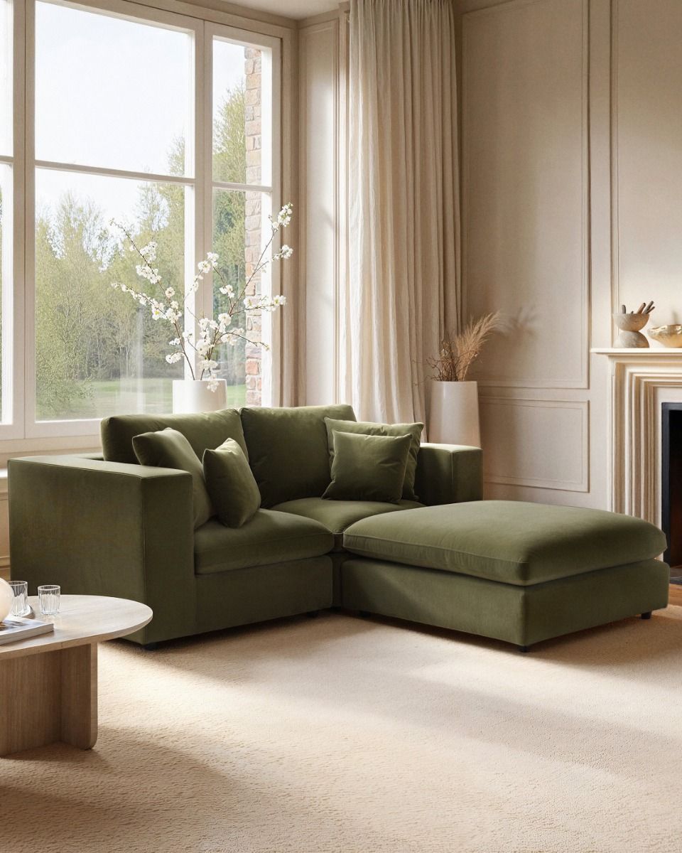 SOLACE+CO Asher 3 Seater Sofa with Reversible Footstool Khaki Green Velvet