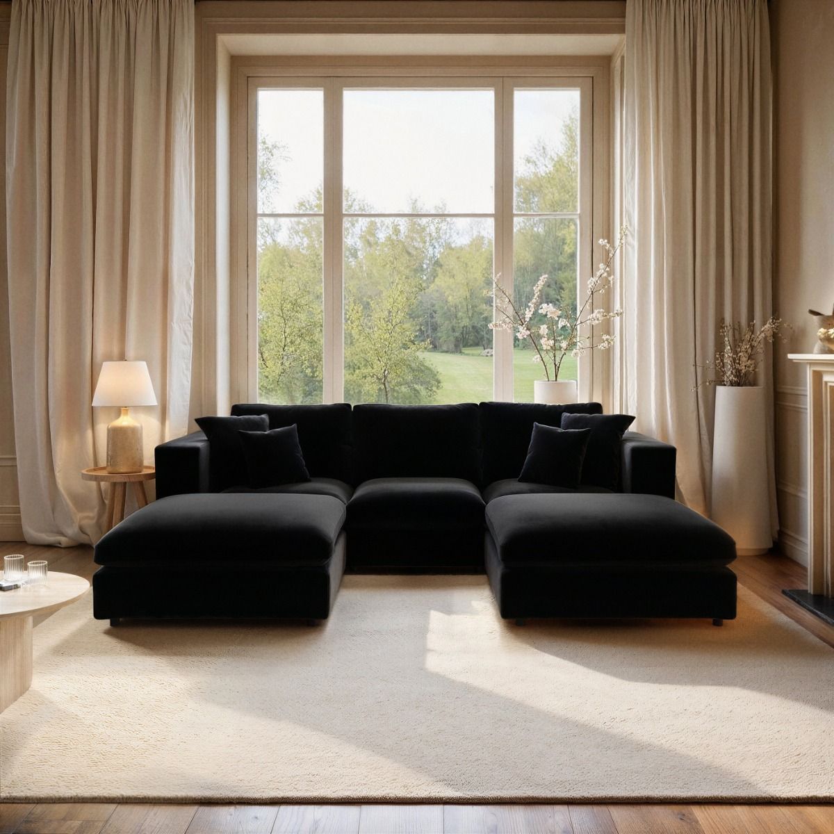 SOLACE+CO Asher U Shape Corner Sofa Bundle Black Velvet