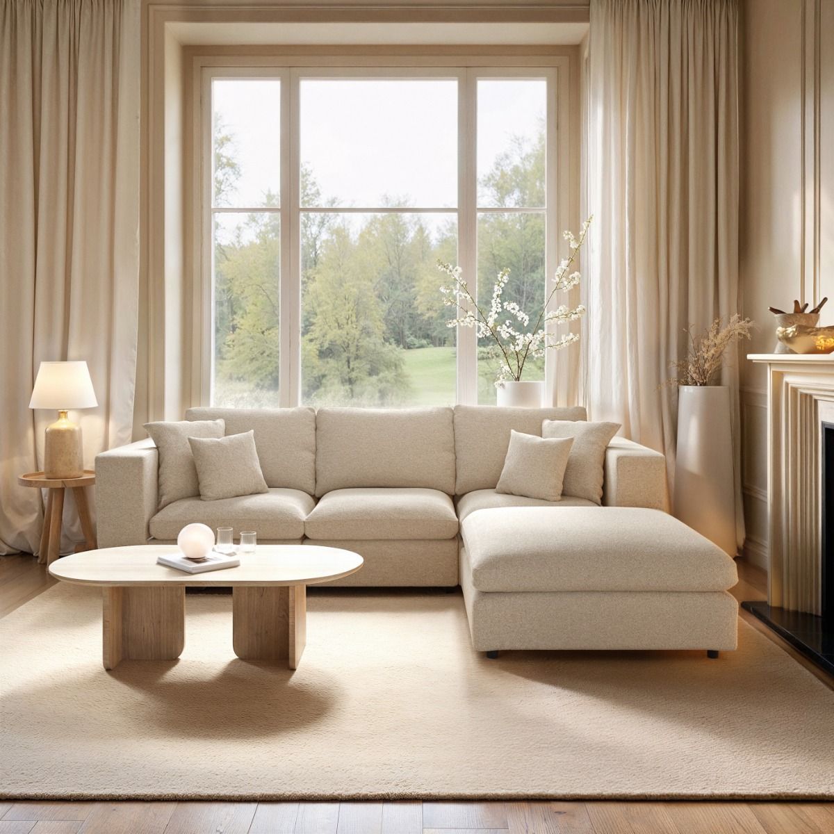 SOLACE+CO Asher 4 Seater Sofa with Reversible Footstool Beige Boucle