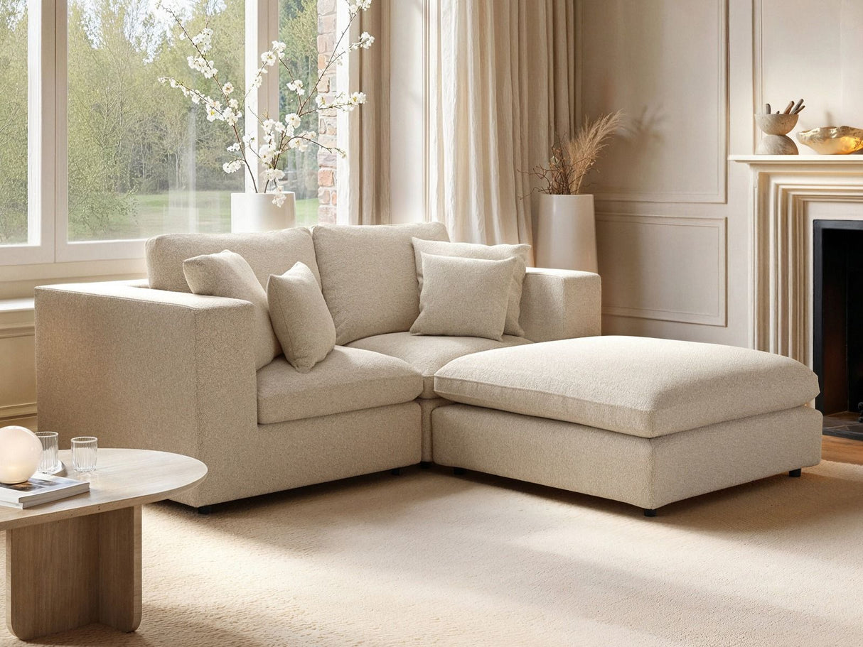 SOLACE+CO Asher 3 Seater Sofa with Reversible Footstool Beige Boucle
