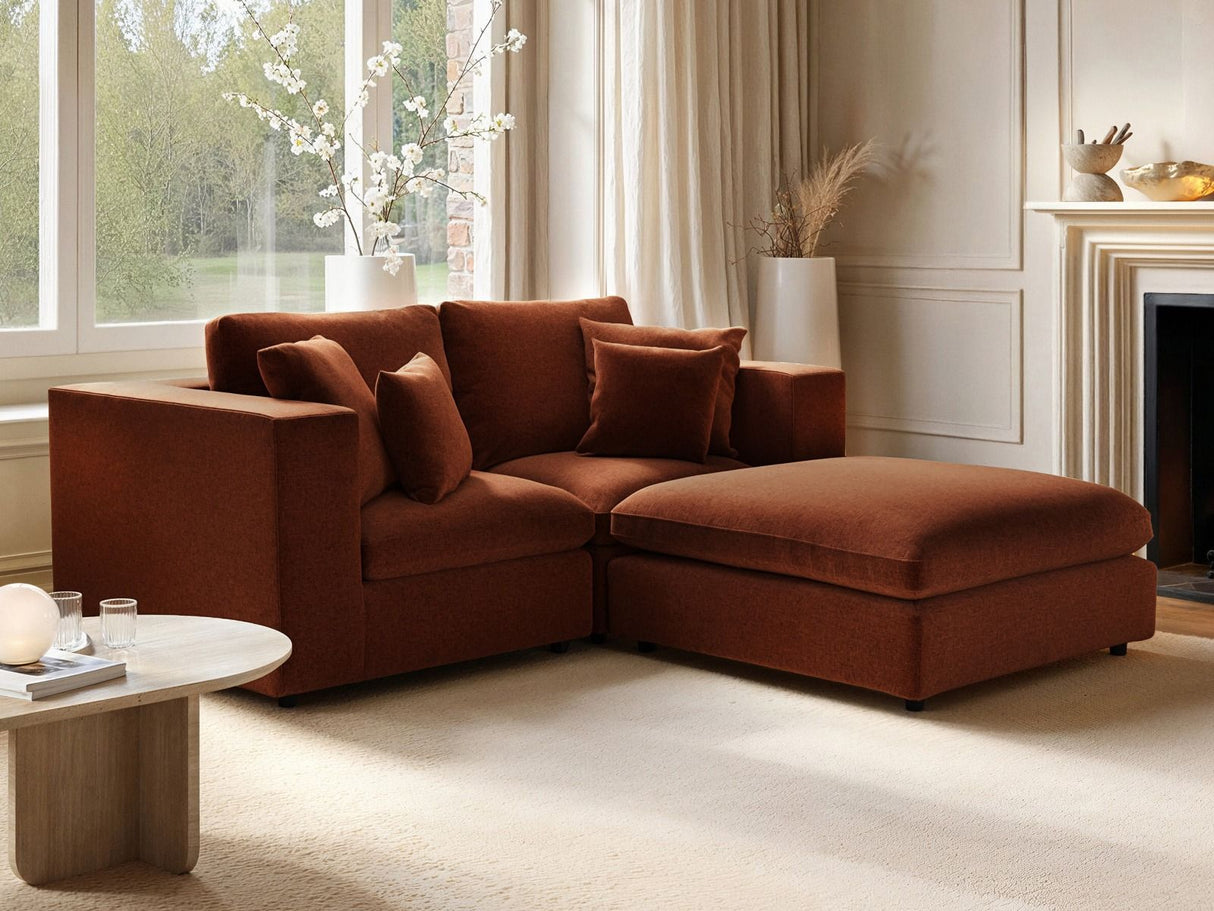 SOLACE+CO Asher 3 Seater Sofa with Reversible Footstool Burnt Orange Chenille