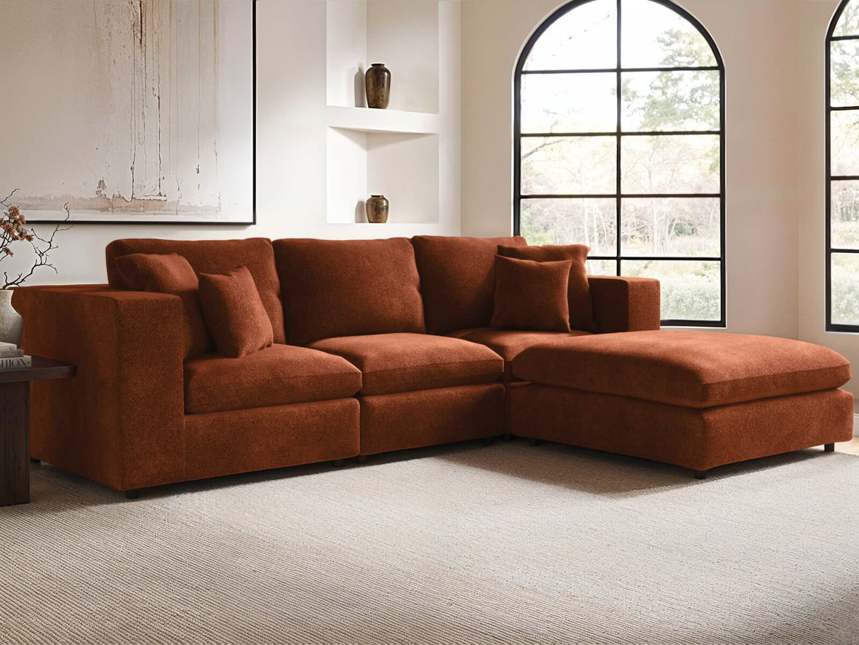 SOLACE+CO Asher 4 Seater Sofa with Reversible Footstool Burnt Orange Chenille