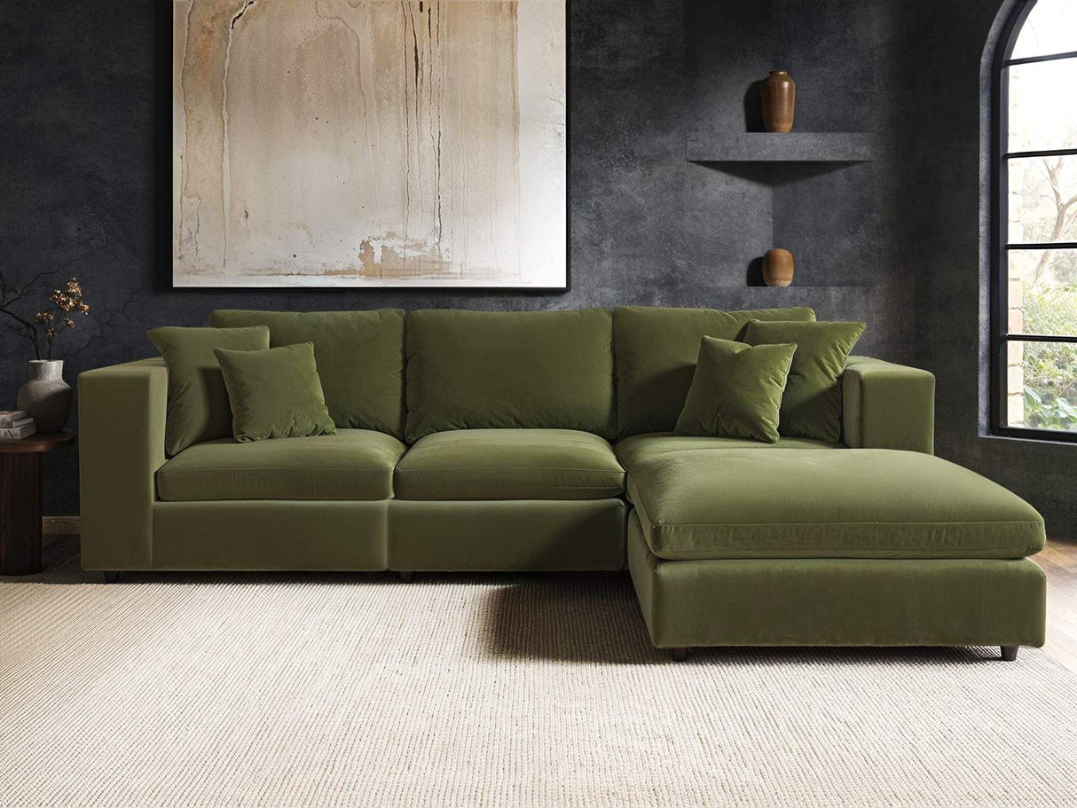 SOLACE+CO Asher 4 Seater Sofa with Reversible Footstool Khaki Green Velvet