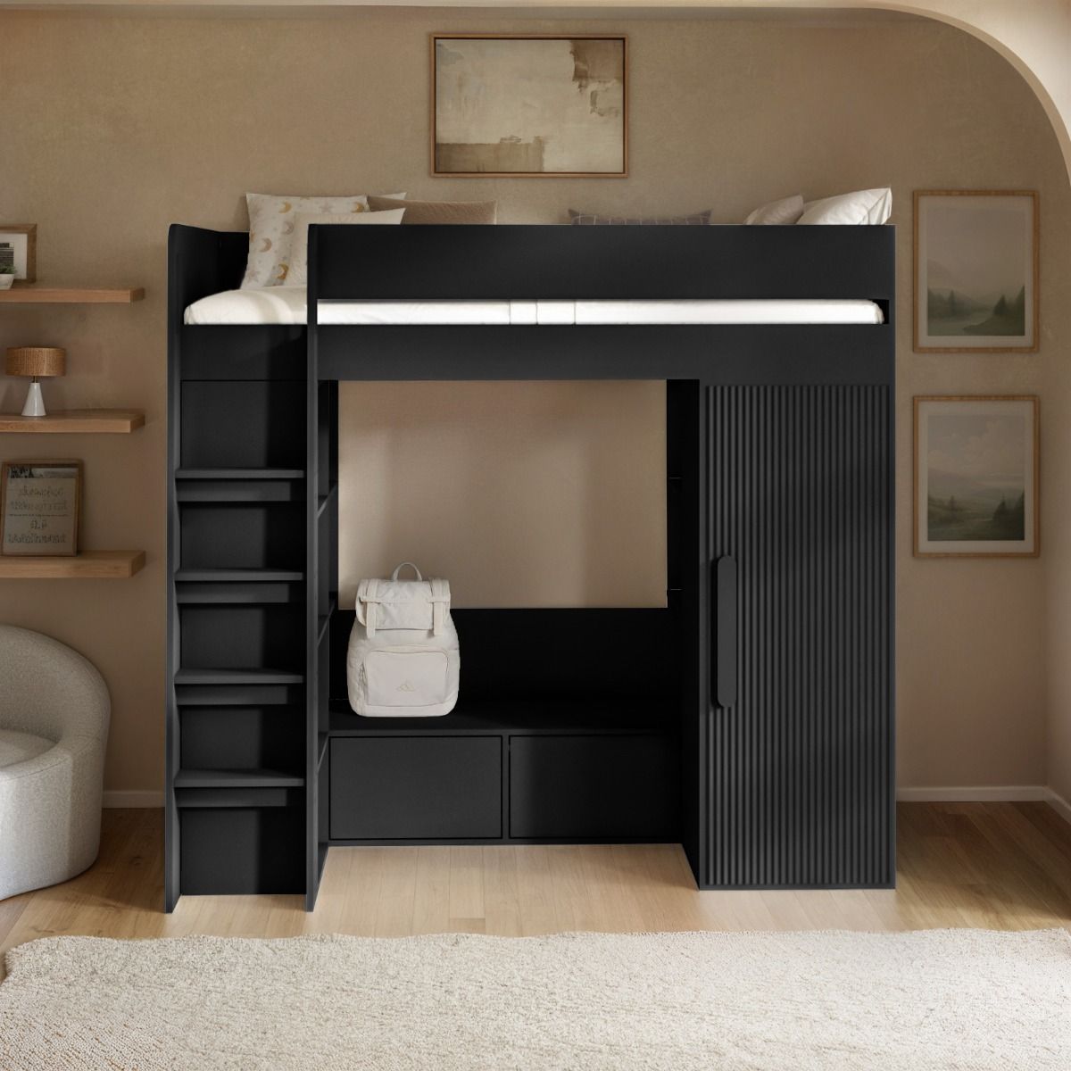 Flair Aspen Ribbed High Sleeper with Storage & Wardrobe Black