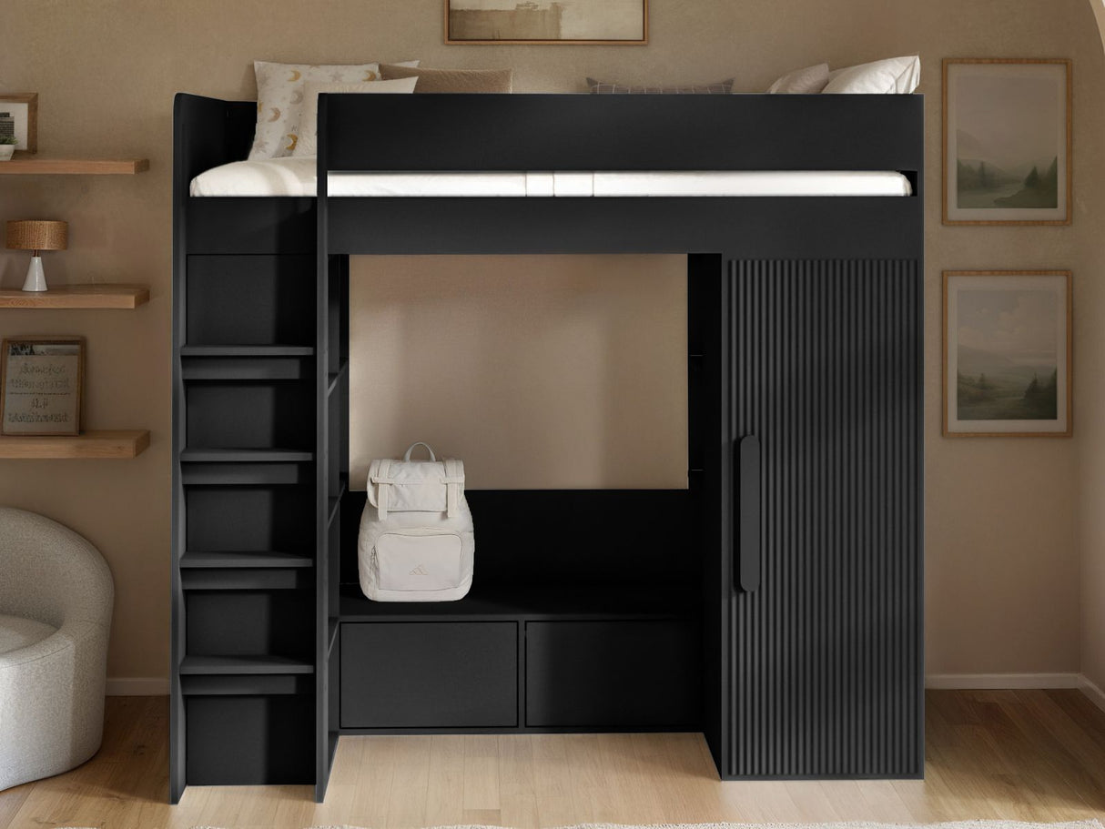 Flair Aspen Ribbed High Sleeper with Storage & Wardrobe Black