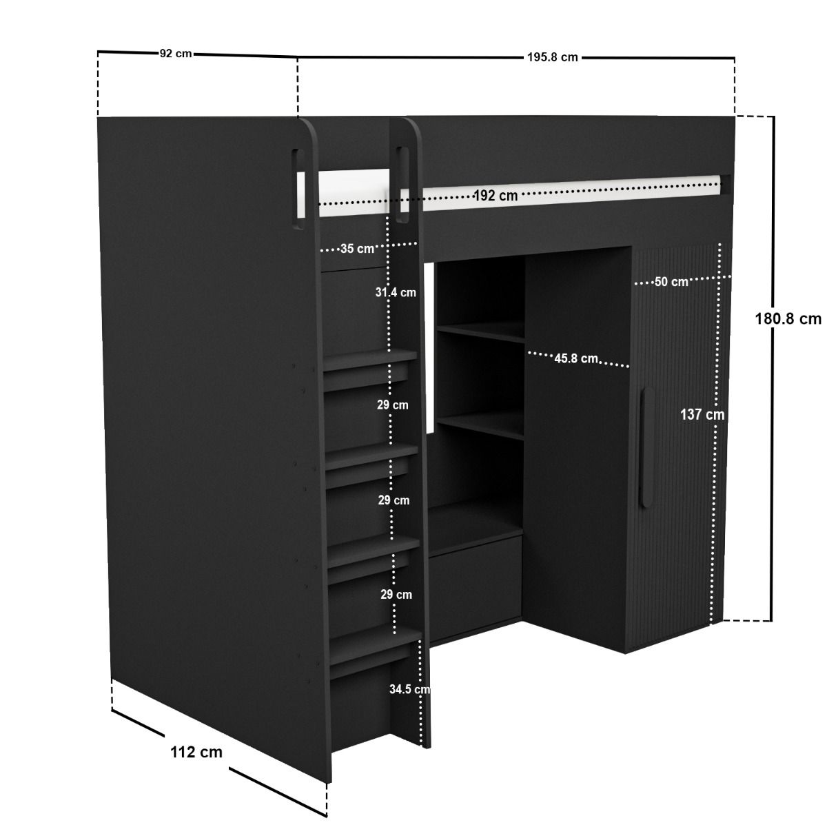 Flair Aspen Ribbed High Sleeper with Storage & Wardrobe Black