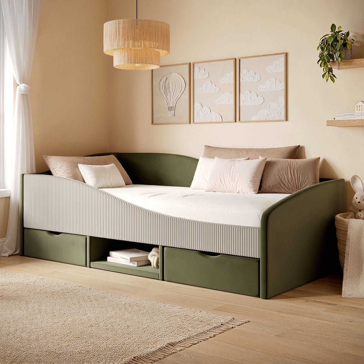 Flair Aubrey Low Sleeper Bed Olive Green Velvet &amp; Beige Cord