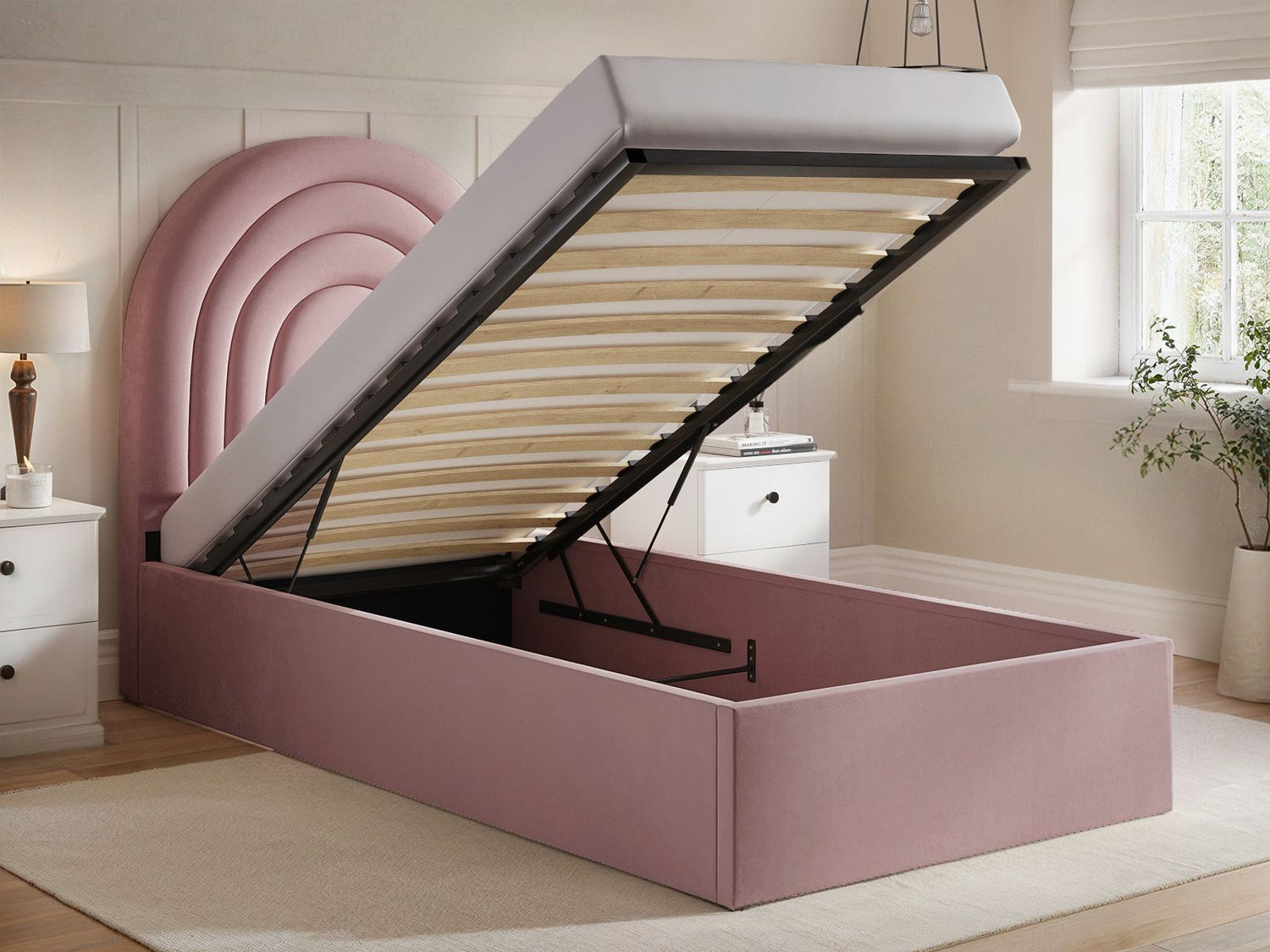 Flair Ava Single Ottoman Bed Pink Velvet
