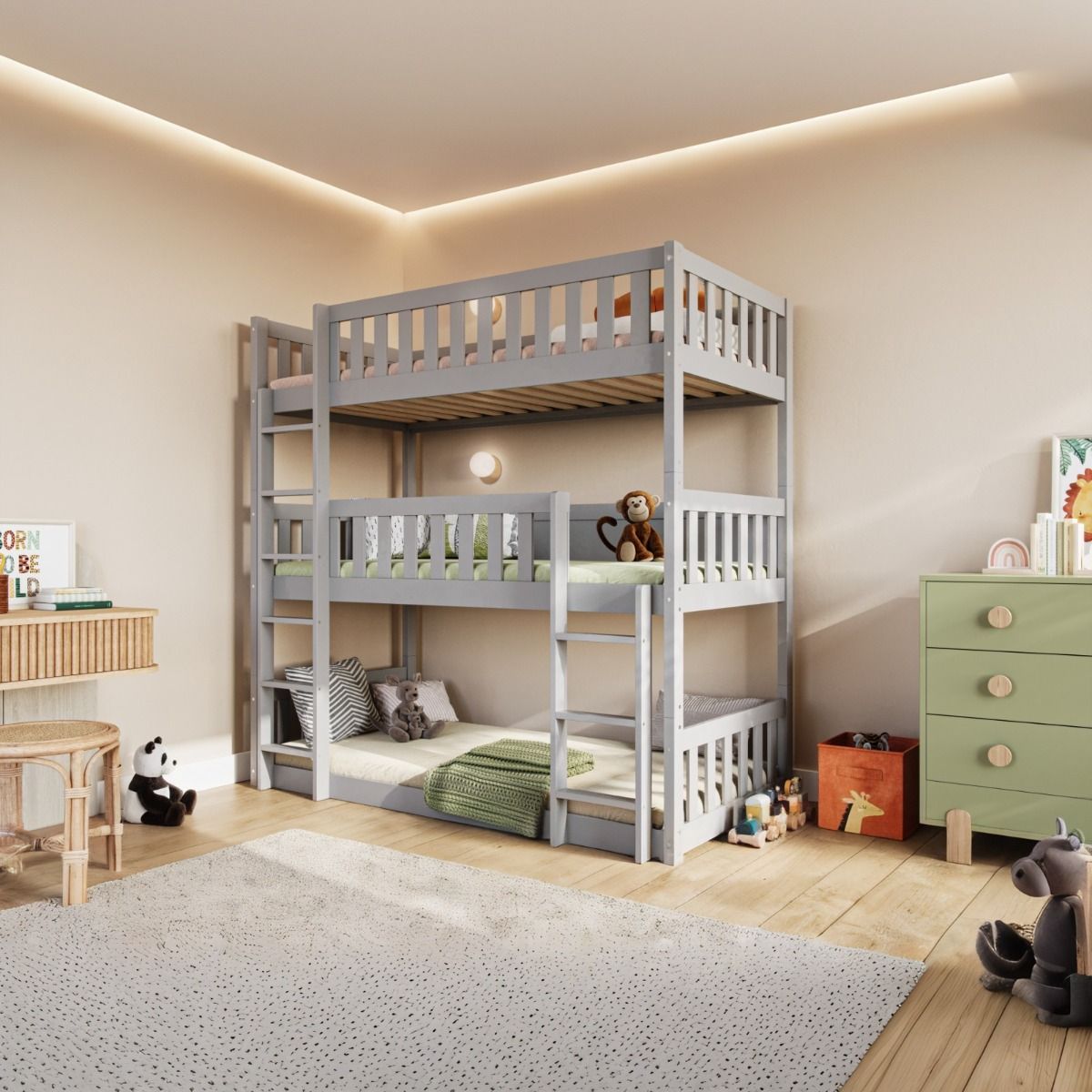 Flair Bea Triple High Wooden Bunk Bed Grey