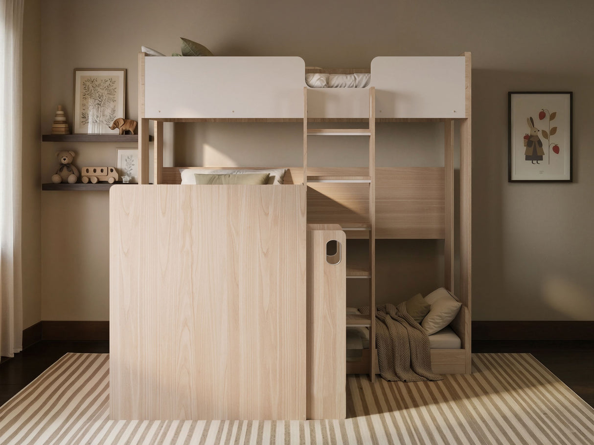 Flair Bode L-Shaped Triple Bunk Bed with Storage Shelves Oak & White