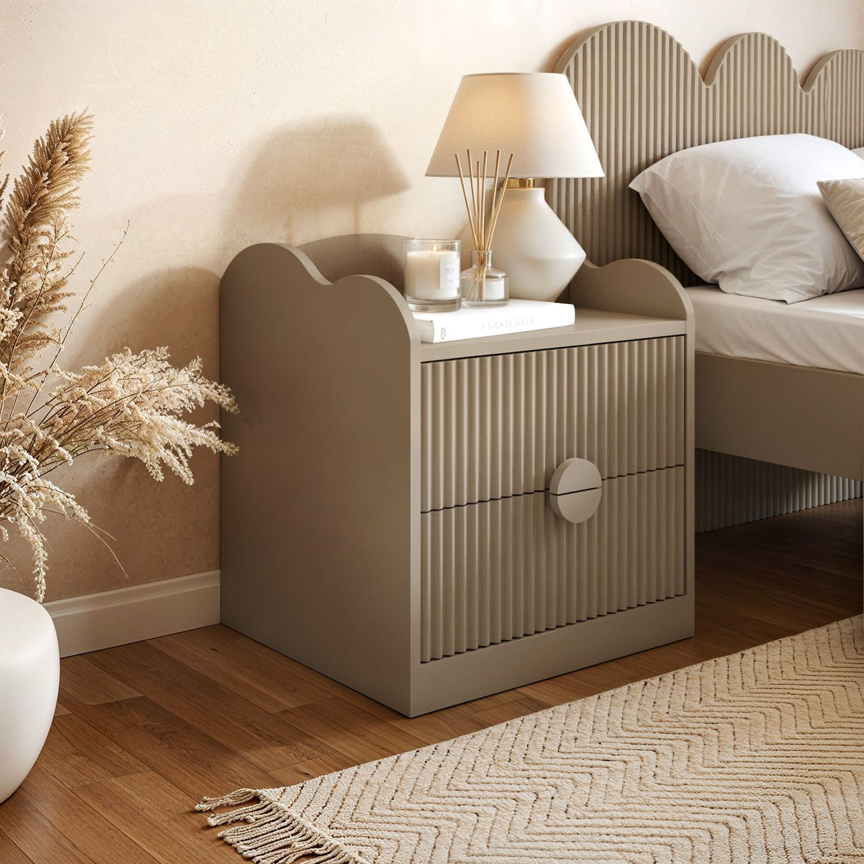 Flair Calista 2 Drawer Cloud Detail Ribbed Bedside Table Taupe