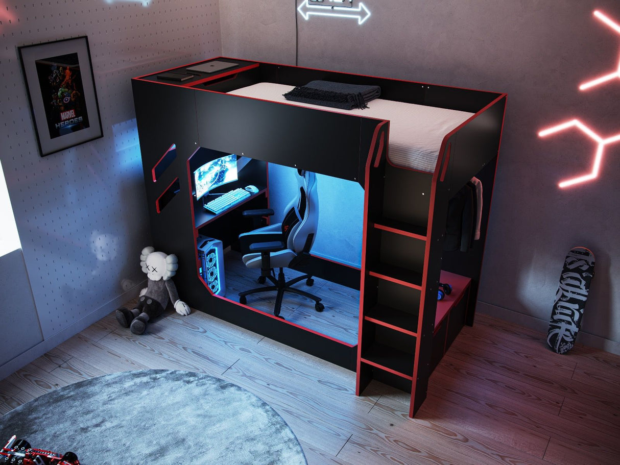 Recoil Shuttle Single LED Gaming High Sleeper Black & Red