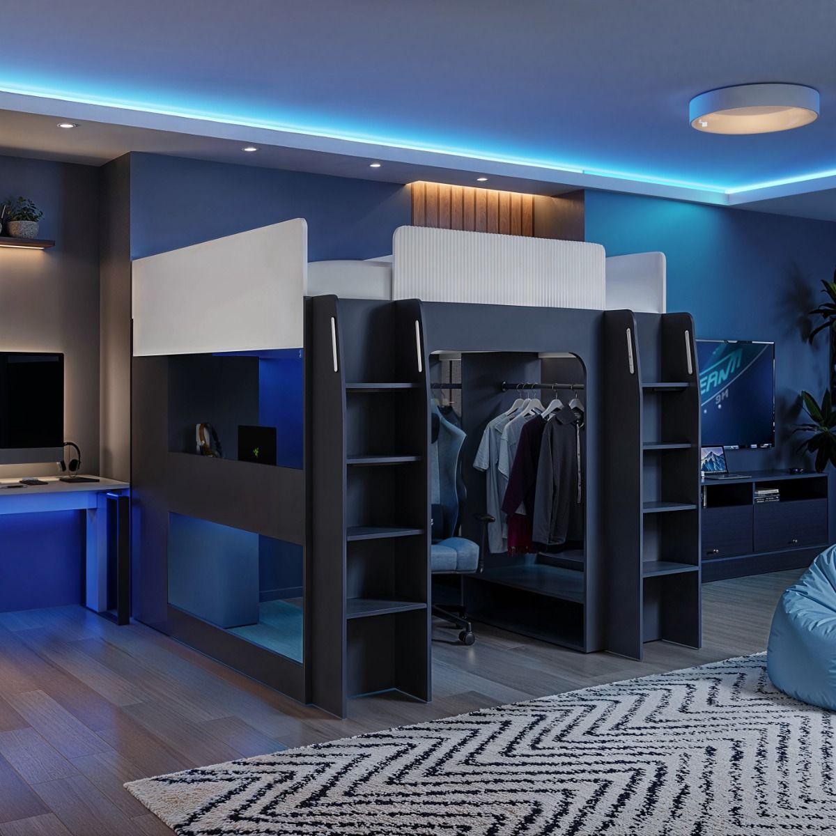 Recoil Dante Twin Gaming High Sleeper with Desk & Wardrobe
