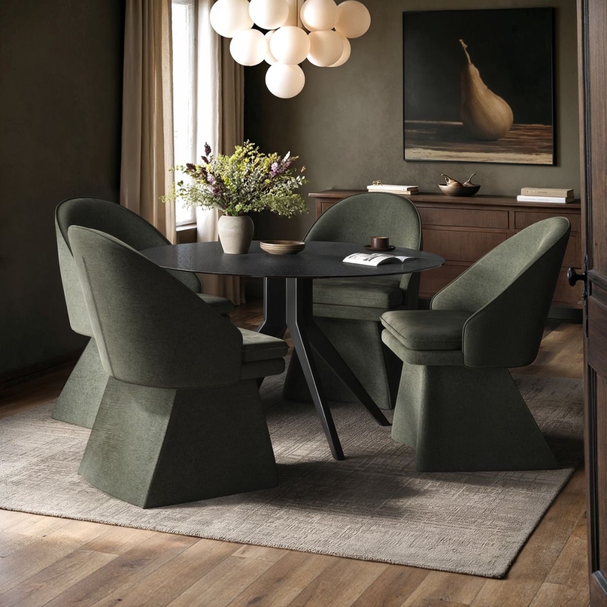 SOLACE+CO Emil Round Mottled Glass Dining Table with Aiko Chairs Set of 4