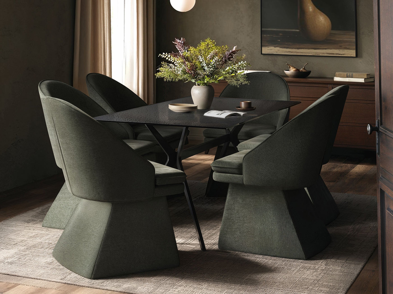 SOLACE+CO Emil Mottled Glass Dining Table with Aiko Chairs Set of 6