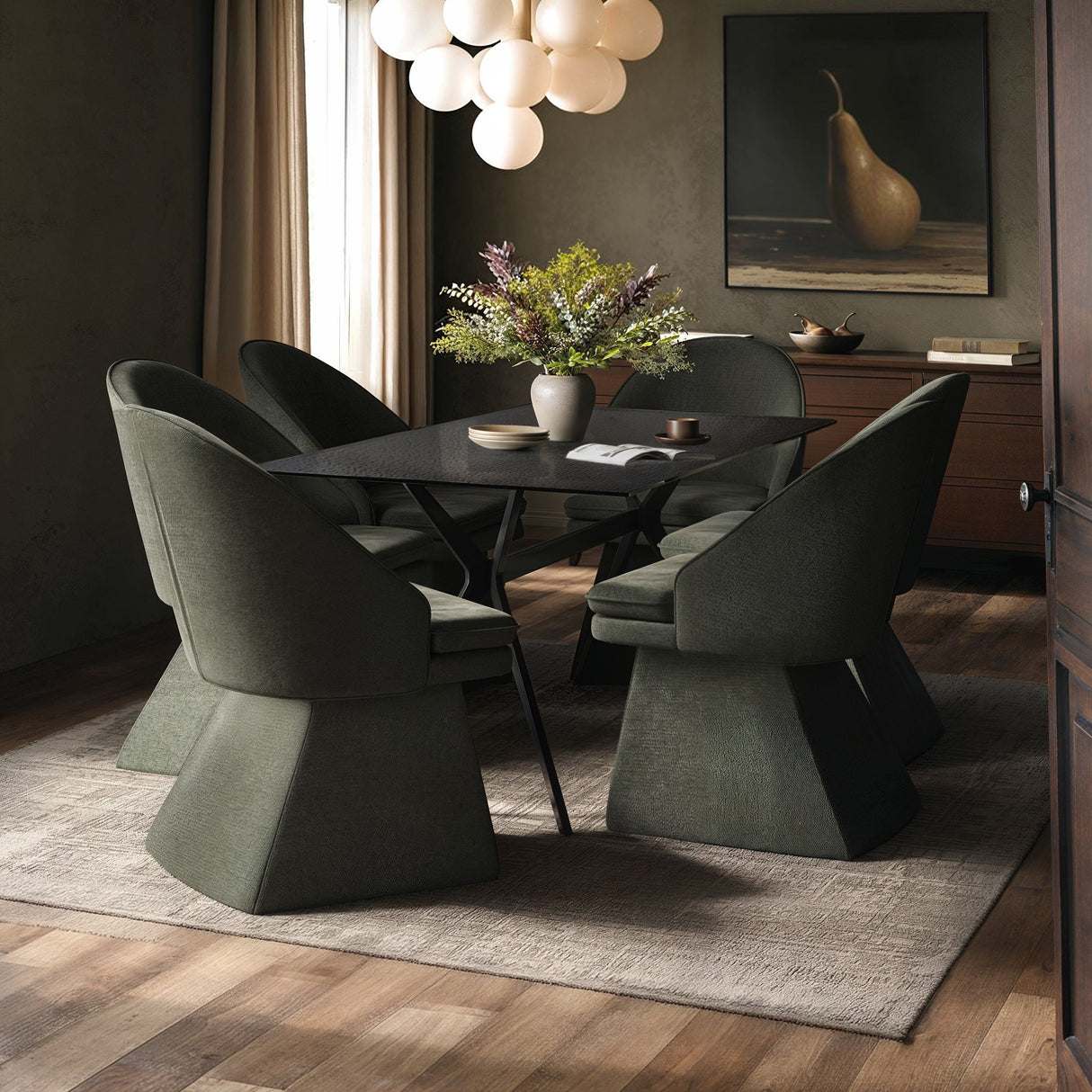 SOLACE+CO Emil Mottled Glass Dining Table with Aiko Chairs Set of 6