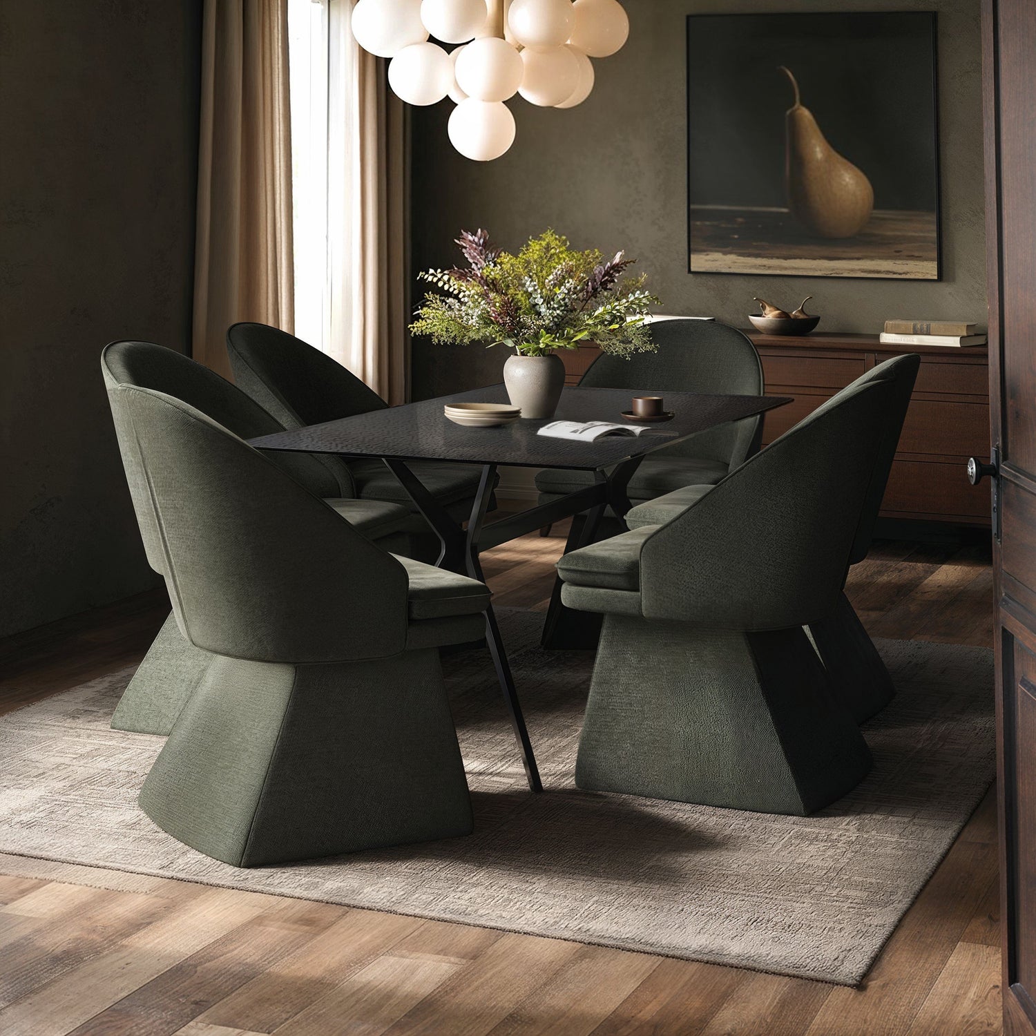 SOLACE+CO Emil Mottled Glass Dining Table with Aiko Chairs Set of 6