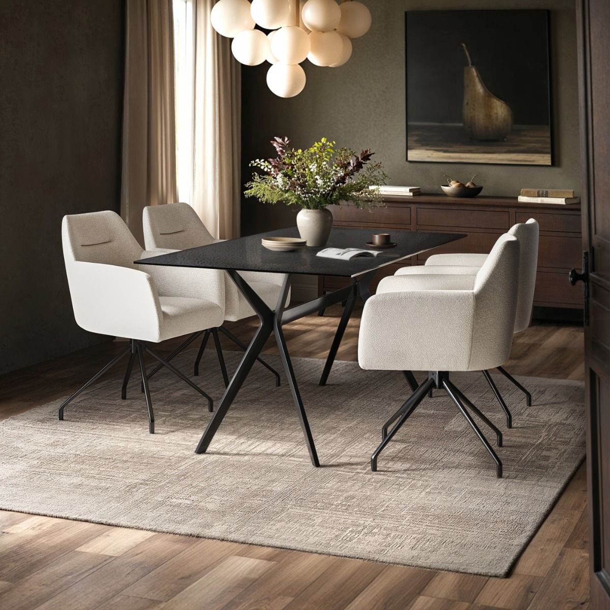 SOLACE+CO Emil Mottled Glass Dining Table with Isla Chairs Set of 4