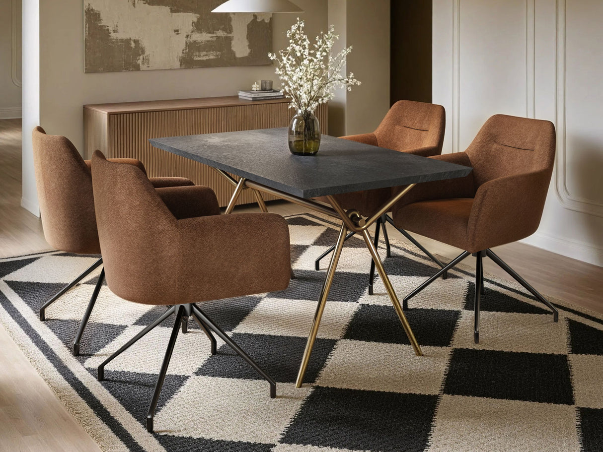 SOLACE+CO Lexi Dining Table with 4 Isla Swivel Dining Chairs Brown Fabric