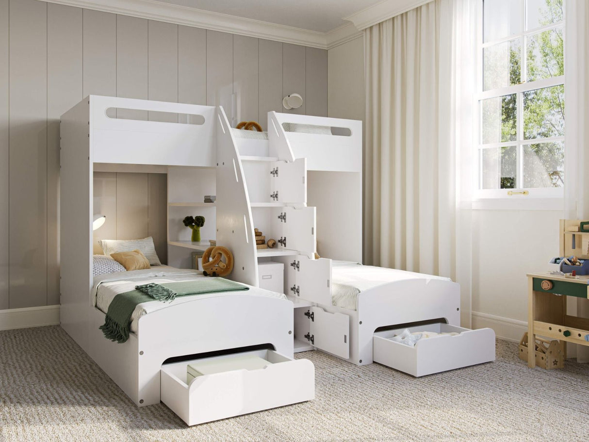 Flair Eddie Staircase Triple Bunk Bed with Storage White
