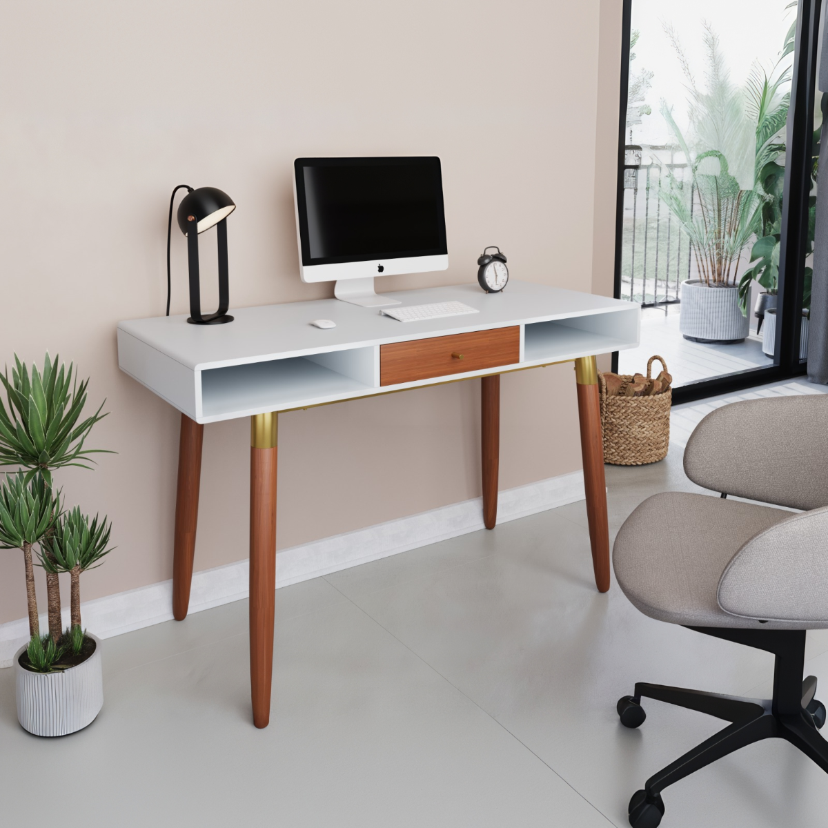 Flair Edelweiss Desk Walnut & White with Brass Accents (120x50)