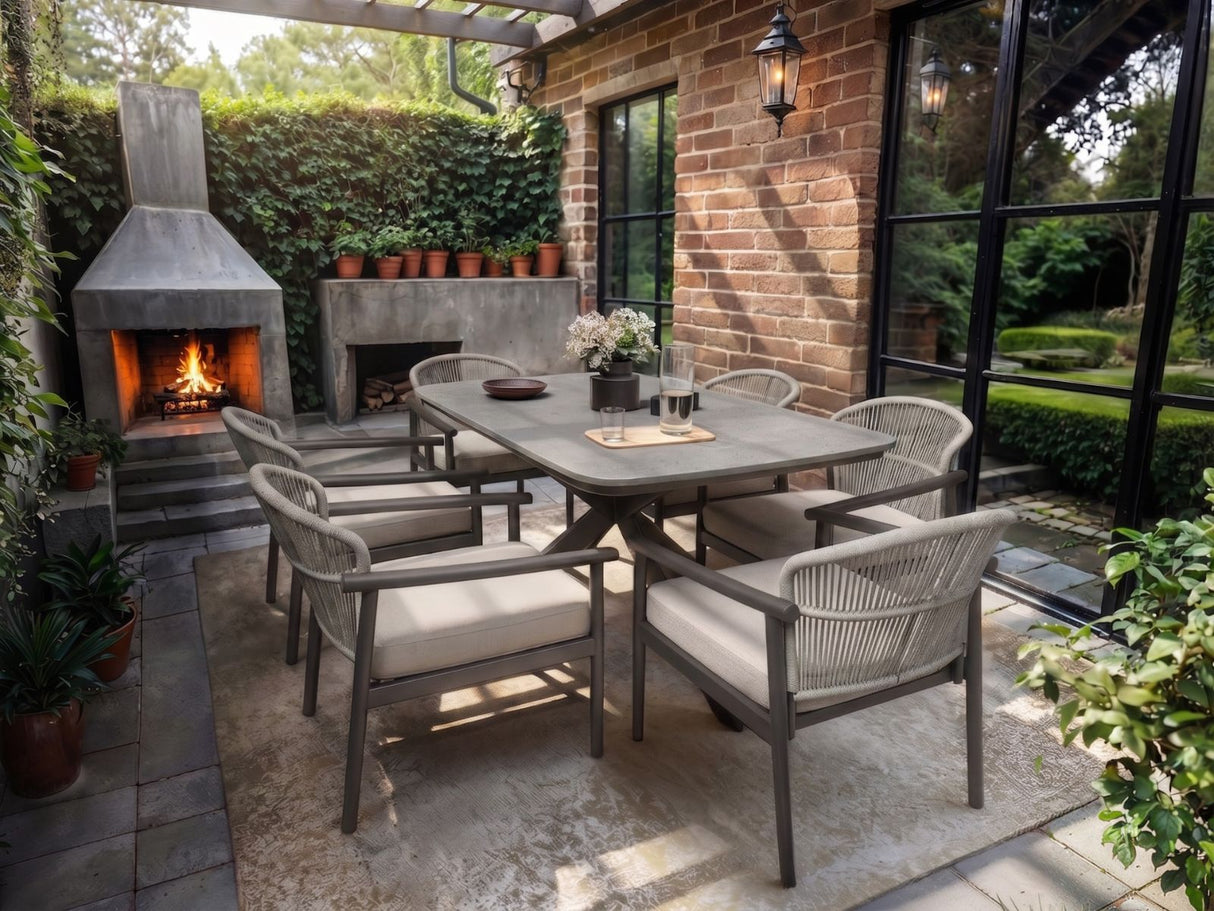 SOLACE+CO Eliza Outdoor Dining Table & Chairs Set Grey & Dark Brown Set of 6