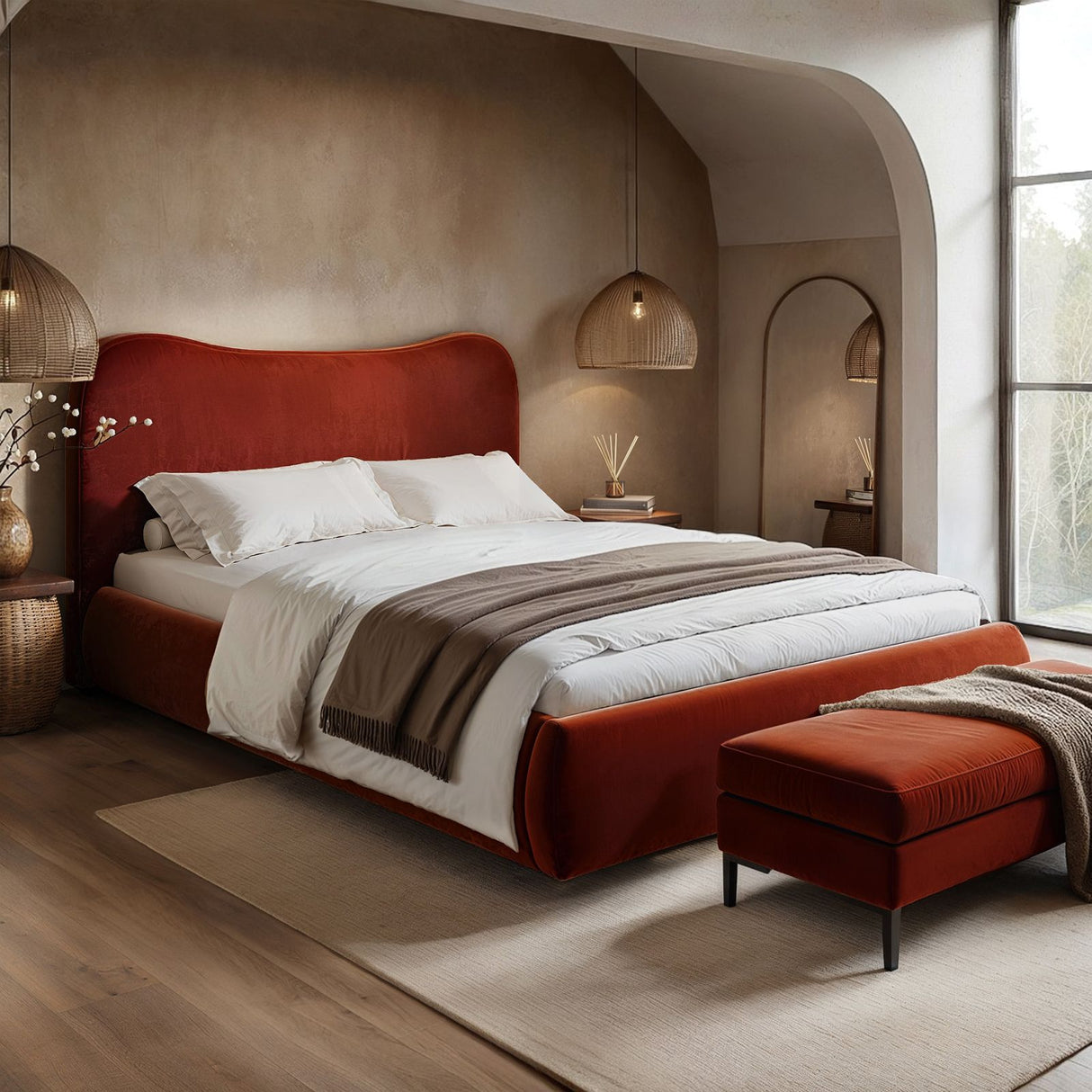 SOLACE+CO Ember Ottoman Bed Orange Velvet Double