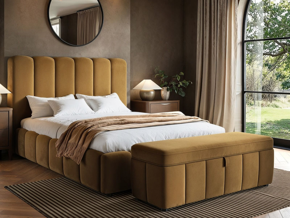SOLACE+CO Emilie Ribbed Ottoman Double Bed Caramel Velvet
