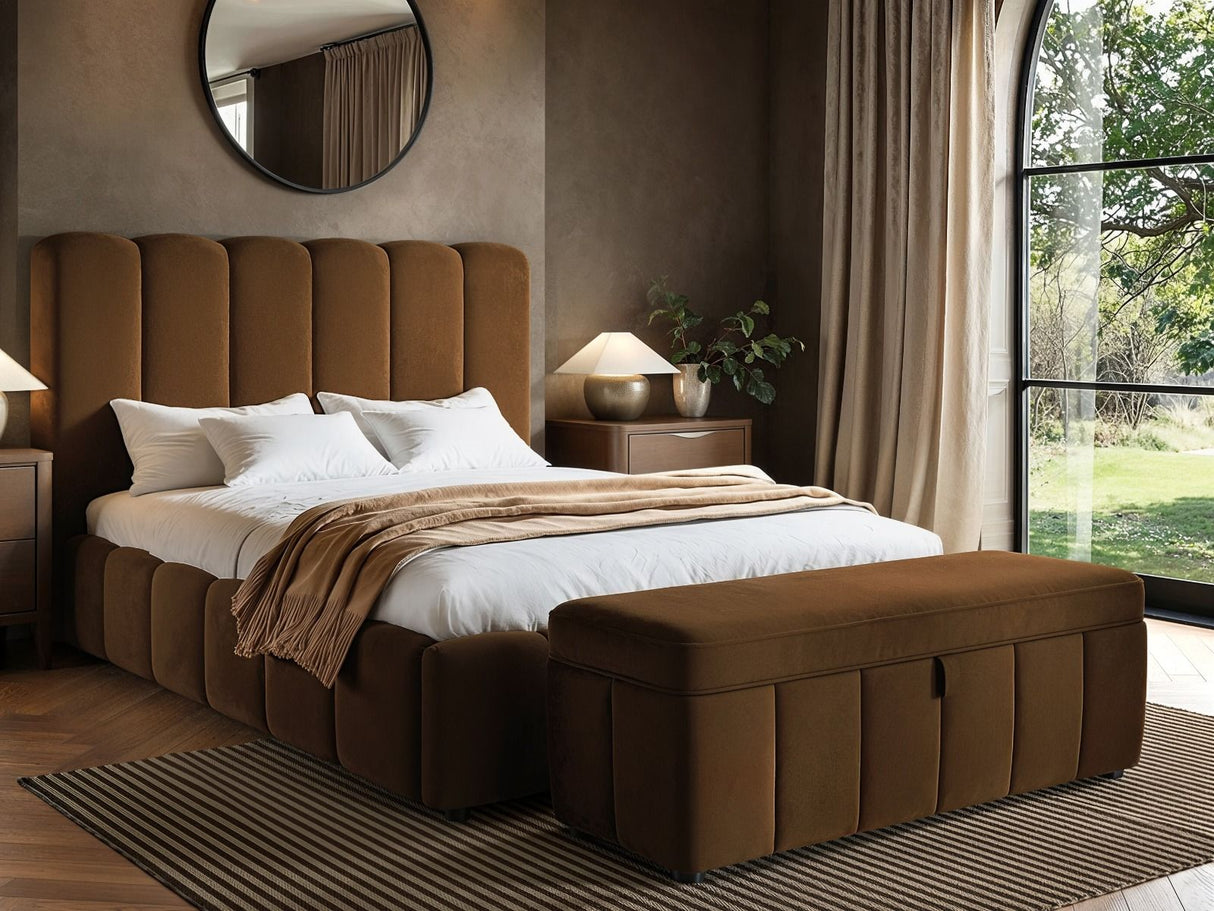 SOLACE+CO Emilie Ribbed Ottoman Double Bed Brown Velvet