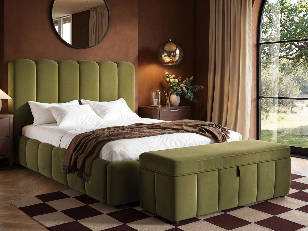 SOLACE+CO Emilie Ribbed Ottoman Kingsize Bed Green Velvet