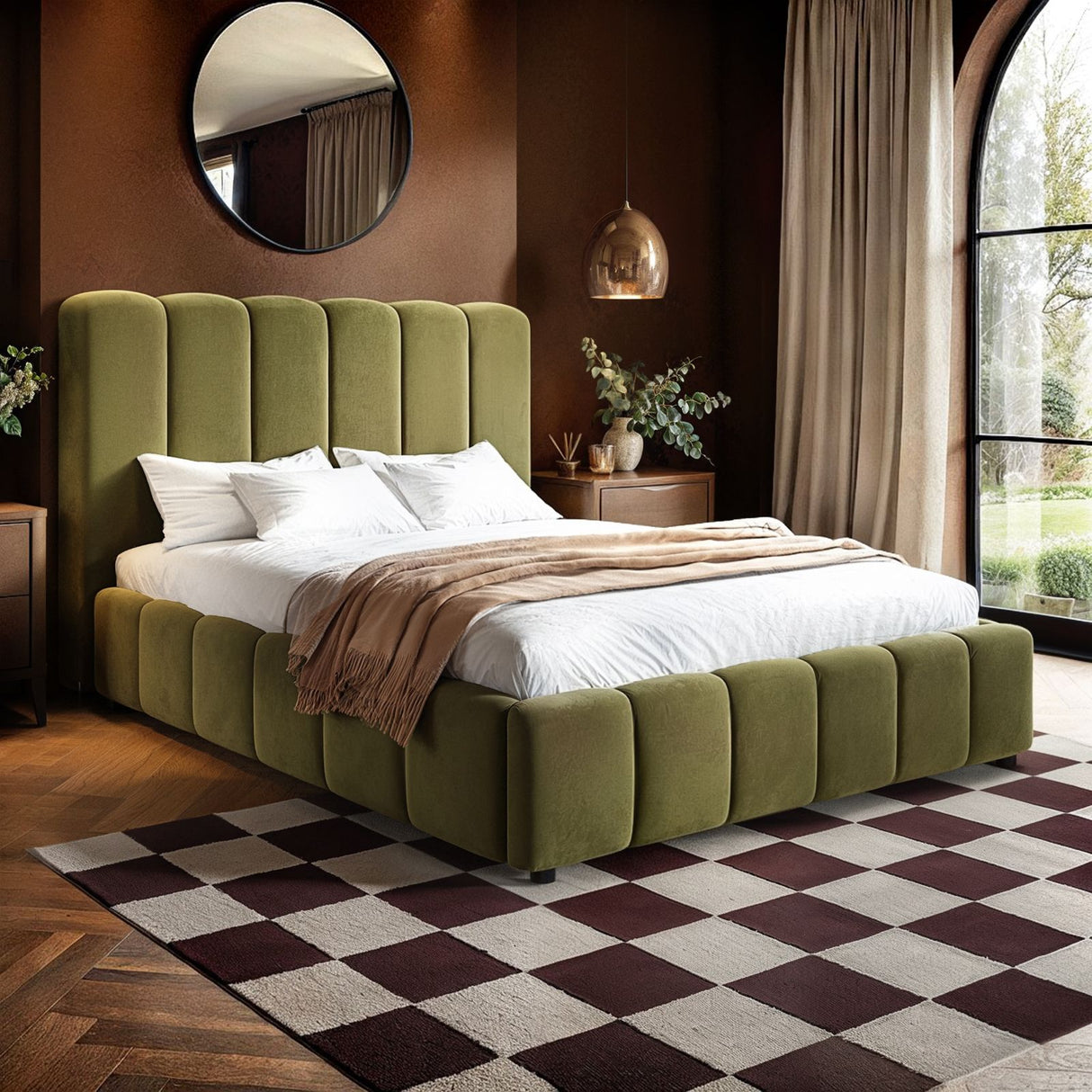 SOLACE+CO Emilie Ribbed Ottoman Double Bed Green Velvet