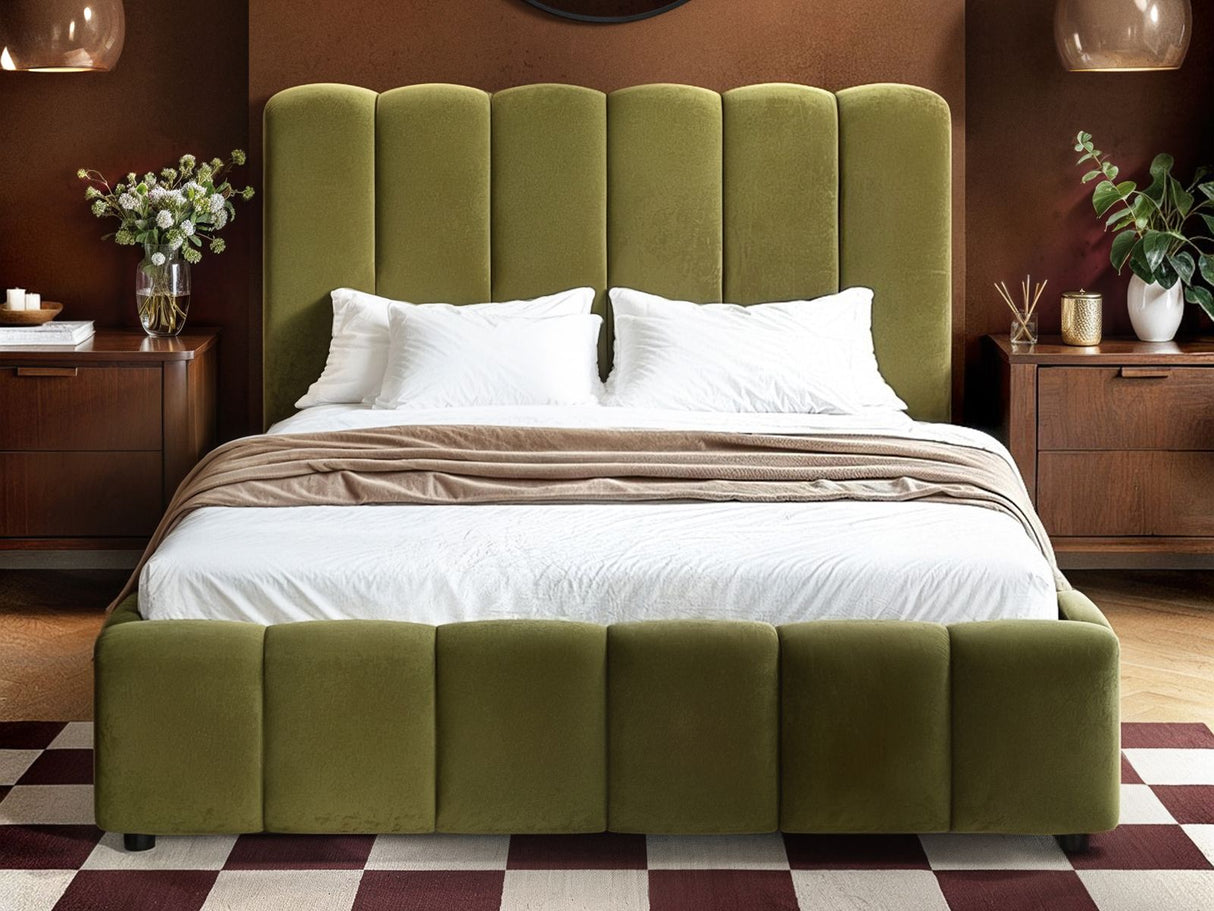 SOLACE+CO Emilie Ribbed Ottoman Double Bed Green Velvet