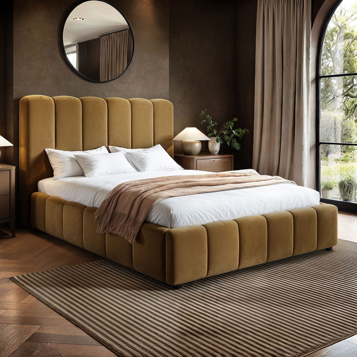 SOLACE+CO Emilie Ribbed Ottoman Double Bed Caramel Velvet