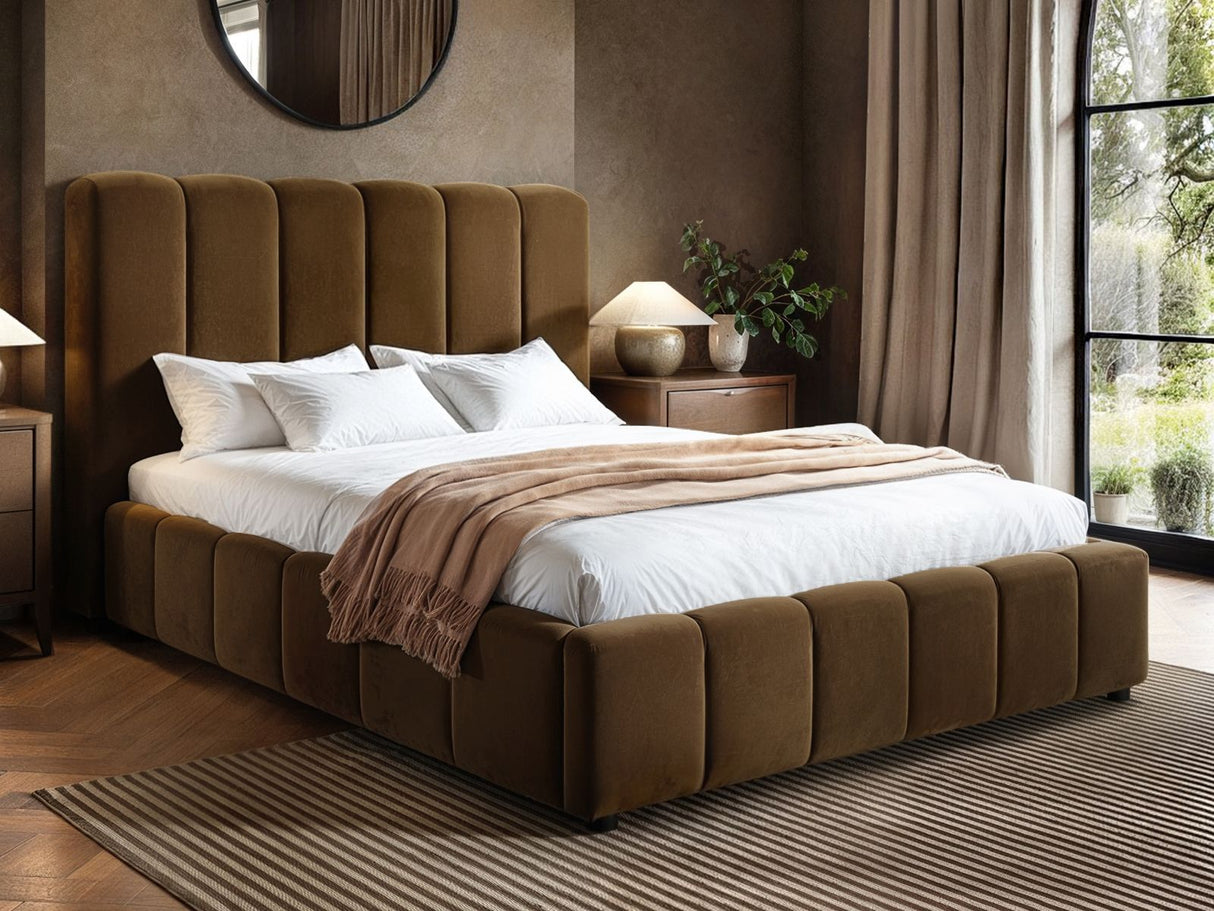 SOLACE+CO Emilie Ribbed Ottoman Double Bed Brown Velvet
